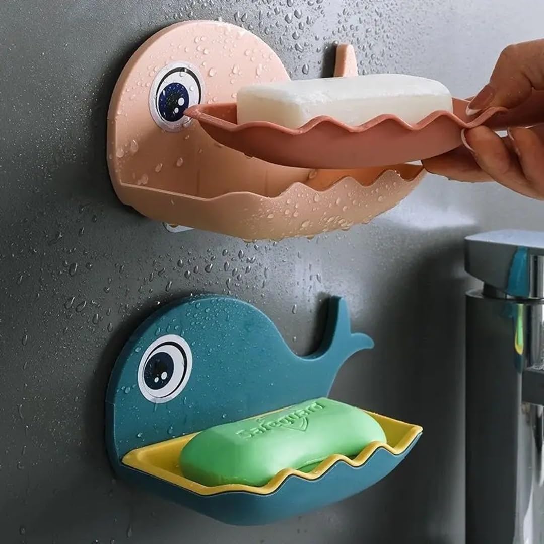 FunBlast Fish Design Soap Dish Holder - Wall Mounted Bathroom & Kitchen Soap Stand with Magic Stickers (2-Pack, Random Colors) | Perfect for Sink, Shower, and Countertop Organization
