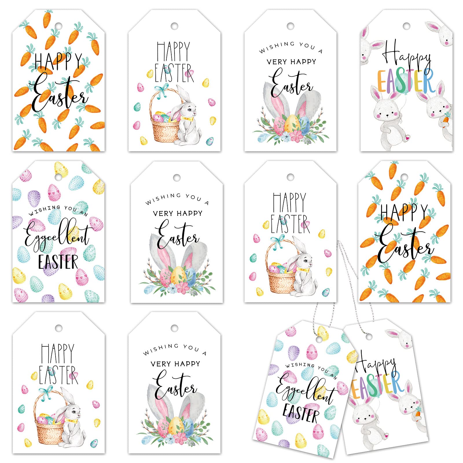 100Pcs Easter Gift Tags with 32.8ft Silver String - Watercolor Happy Easter Paper Tags, Carrot Bunny Easter Eggs Holiday Hanging Labels for DIY Party Favors, Gift Wrapping & Home Decor (5 Designs) - Perfect for Easter Celebrations, Spring Parties & Classroom Activities