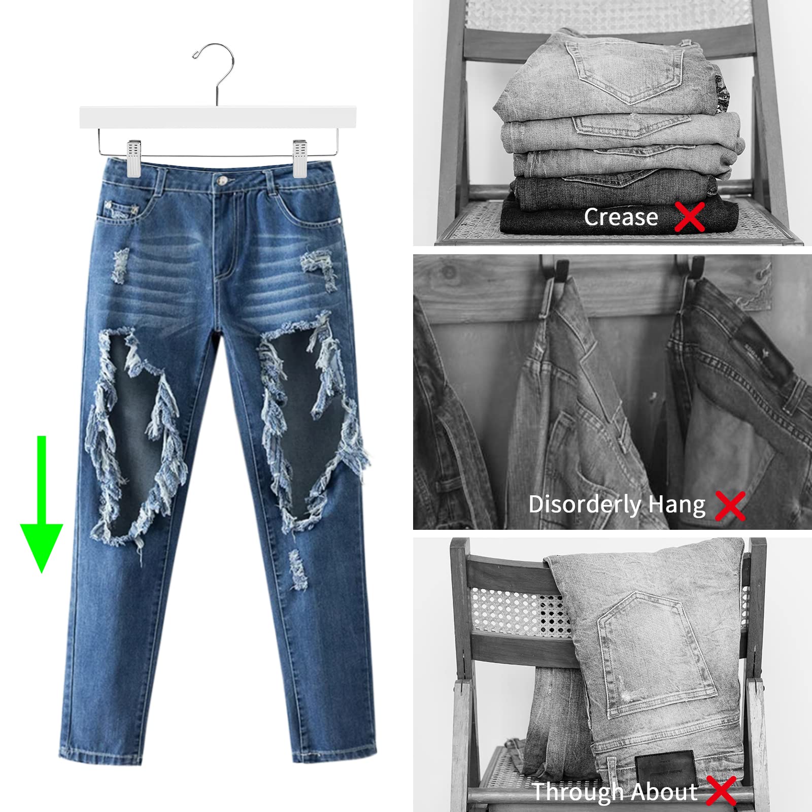 Nature Smile 10-Pack Wooden Pants Hangers with Clips - Anti-Rust Hooks for Jeans, Skirts & Trousers - Space-Saving Closet Organizer (White) | Perfect for Home, Office & Travel Wardrobe Storage
