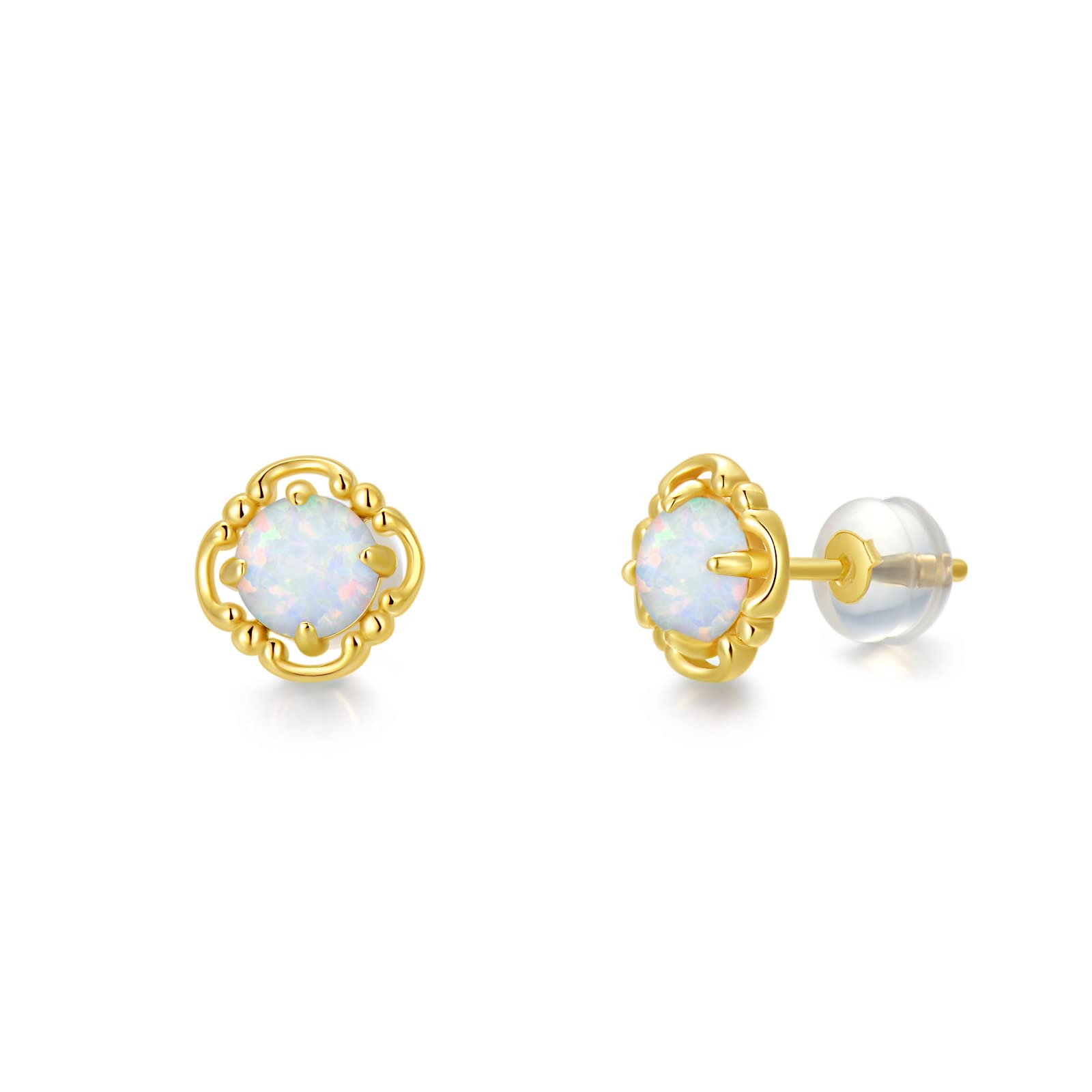 14K Solid Yellow Gold Opal Earrings for Women - Flower, Triangle, Star & Vintage Opal Stud Earrings | Dainty Opal Jewelry Gifts for Birthday, Anniversary & Special Occasions