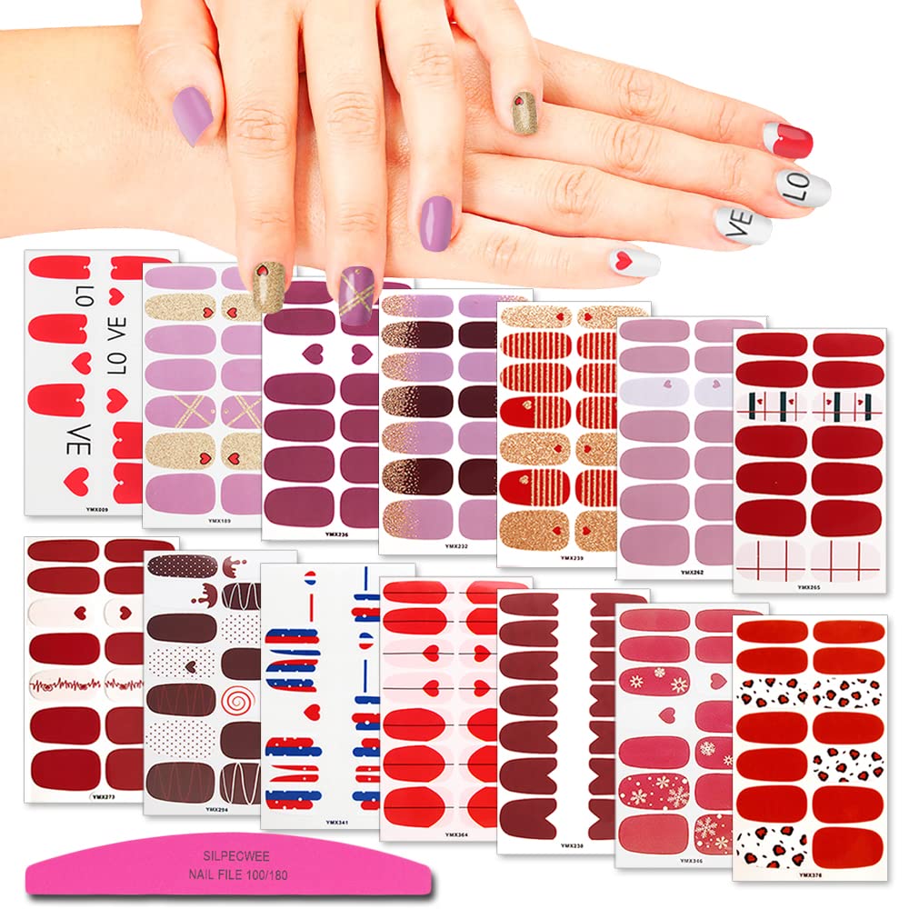 14 Sheets Valentine's Day Nail Polish Strips - Full Nail Wraps & Adhesive Stickers for Women with Nail File | Easy DIY Manicure for Parties, Weddings & Special Occasions