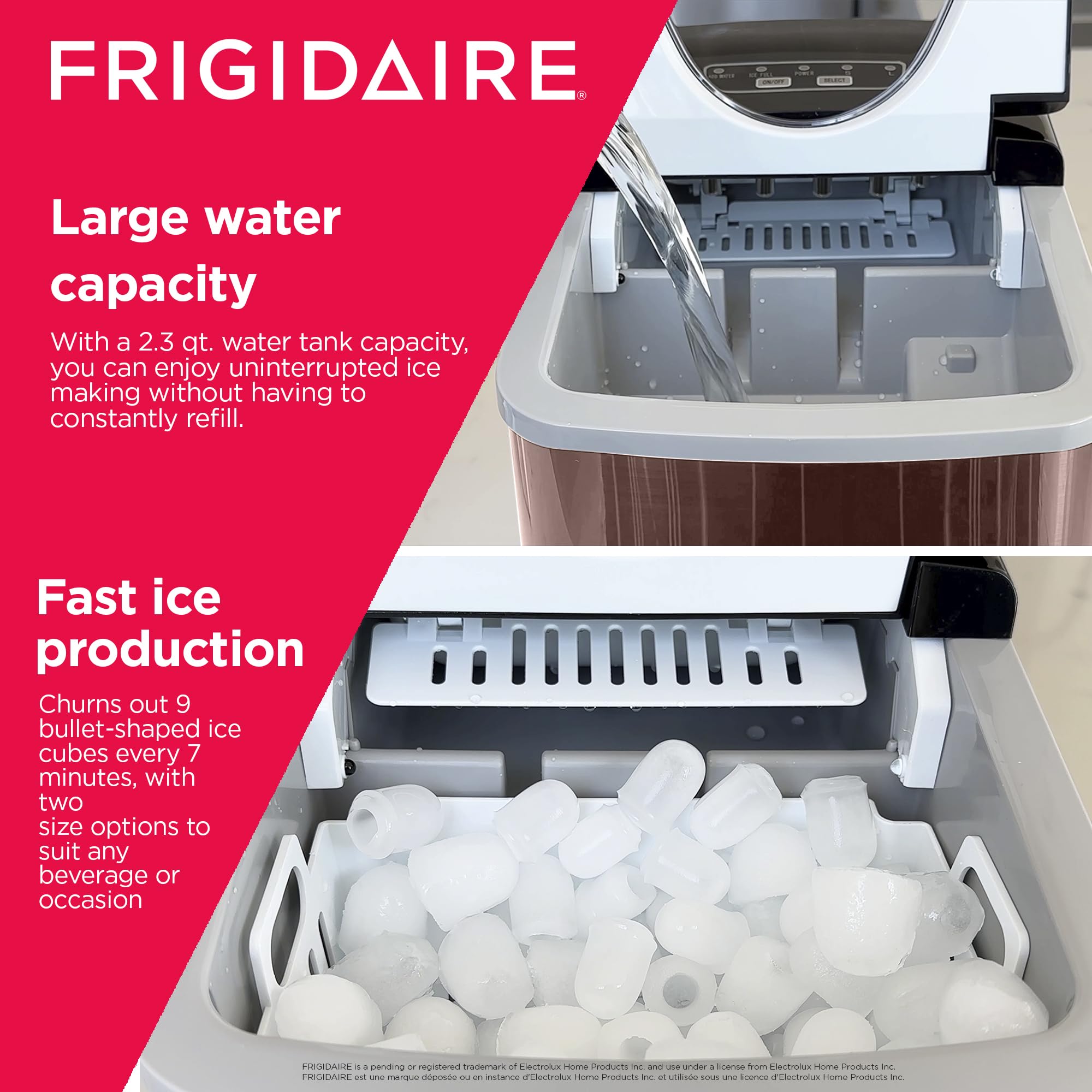 FRIGIDAIRE Stainless Steel Countertop Ice Maker Machine - 26 lb Daily Capacity, Produces 9 Ice Cubes Every 7-15 Minutes | Portable Ice Maker for Home, Office, RV & Parties | Includes Ice Scoop & Drain Plug | Perfect for Cocktails, Beverages & Outdoor Events