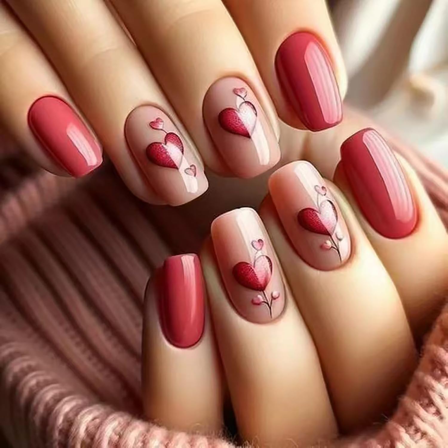 24Pcs Valentine's Day Press On Nails - Short Square Fake Nails with Heart Designs | Red Glossy Acrylic Stick On Nails for Women | Perfect for Date Night, Parties & Romantic Occasions