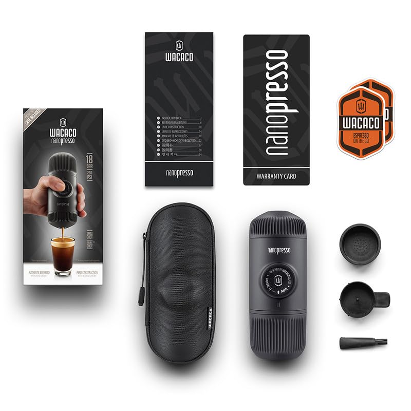 WACACO Nanopresso Portable Espresso Maker with Protective Case - Mini Travel Coffee Machine for Camping, Hiking, Office & Home Use (Black) | Compact Handheld Espresso Brewer for Coffee Lovers