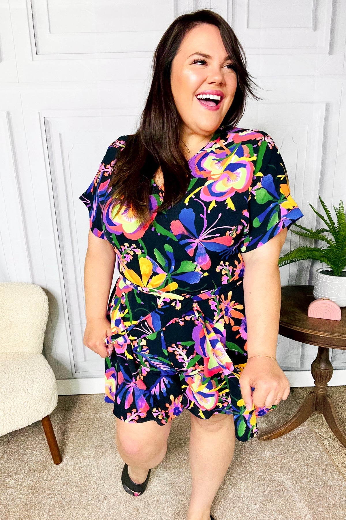 Stylish Black Floral Surplice Woven Romper for Women - Summer Casual Jumpsuit with Comfortable Fit - Perfect for Beach Vacations, Brunch Dates & Outdoor Events