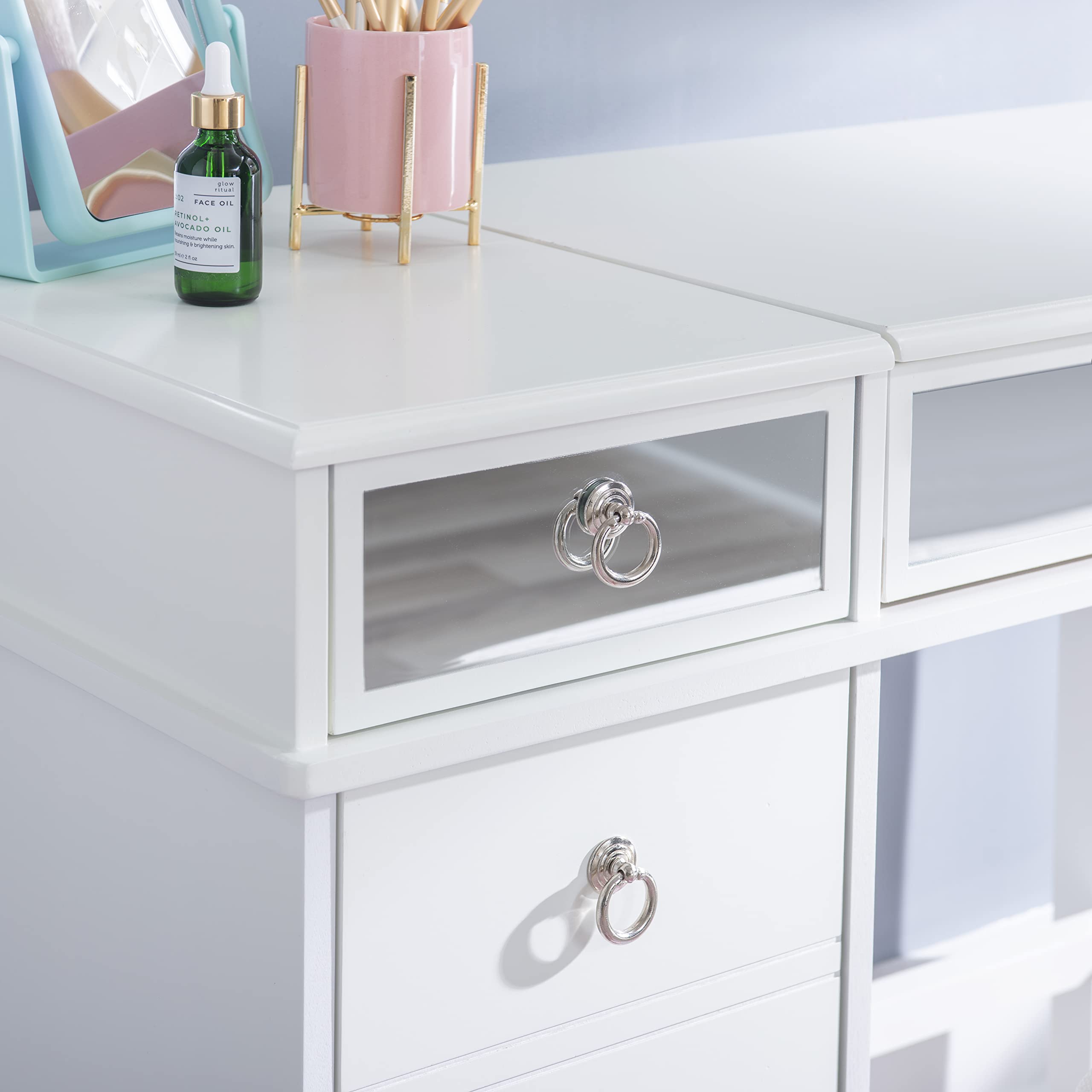 Linon White Vanity Set with Mirror & Stool - Elegant Dressing Table for Bedroom, Bathroom & Makeup Area