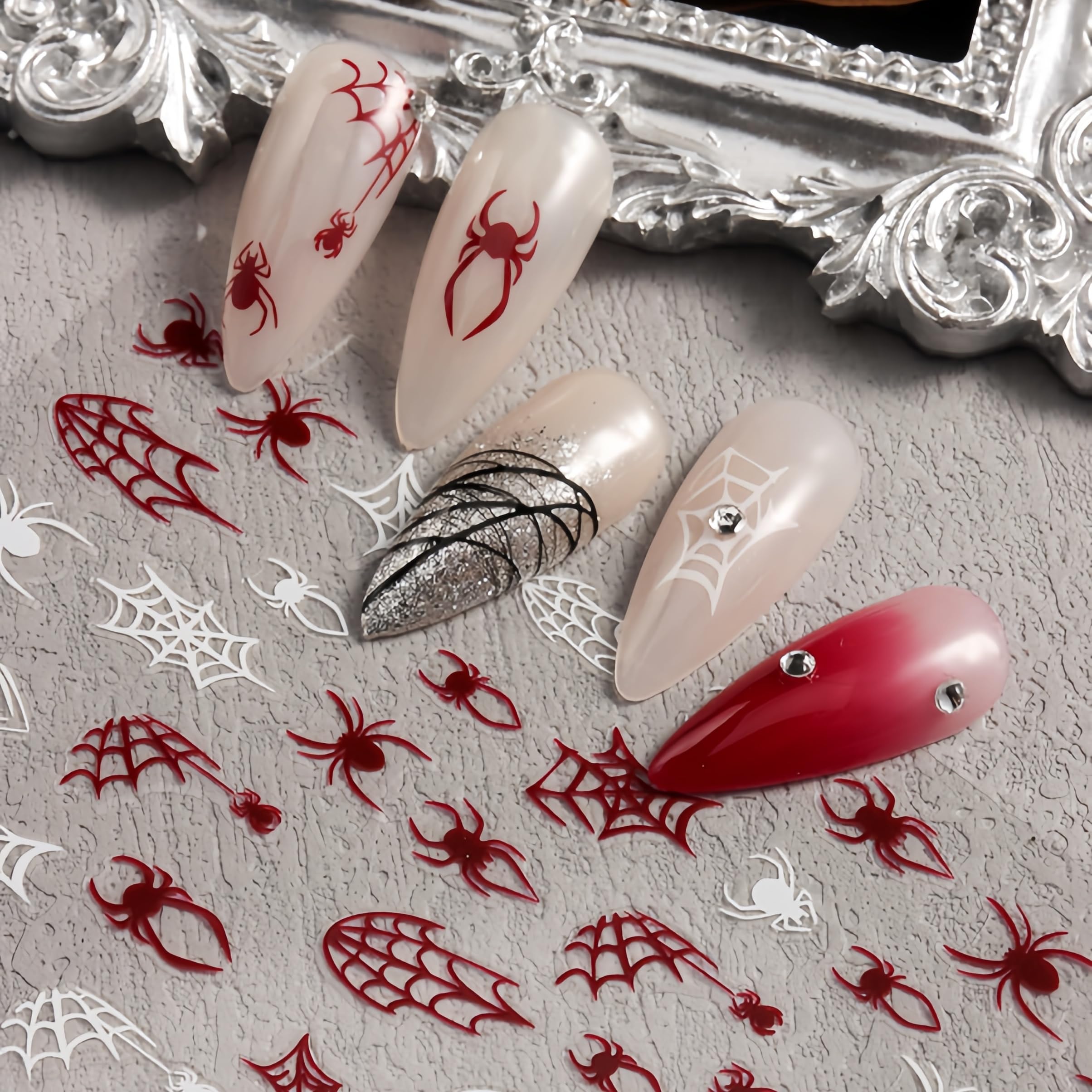 6 Sheets Halloween Spider Web Nail Stickers - Black, White, Red 3D Self-Adhesive Glitter Nail Art Decals for Women & Girls | Perfect for Halloween Parties, Costume Nails & Spooky Nail Designs