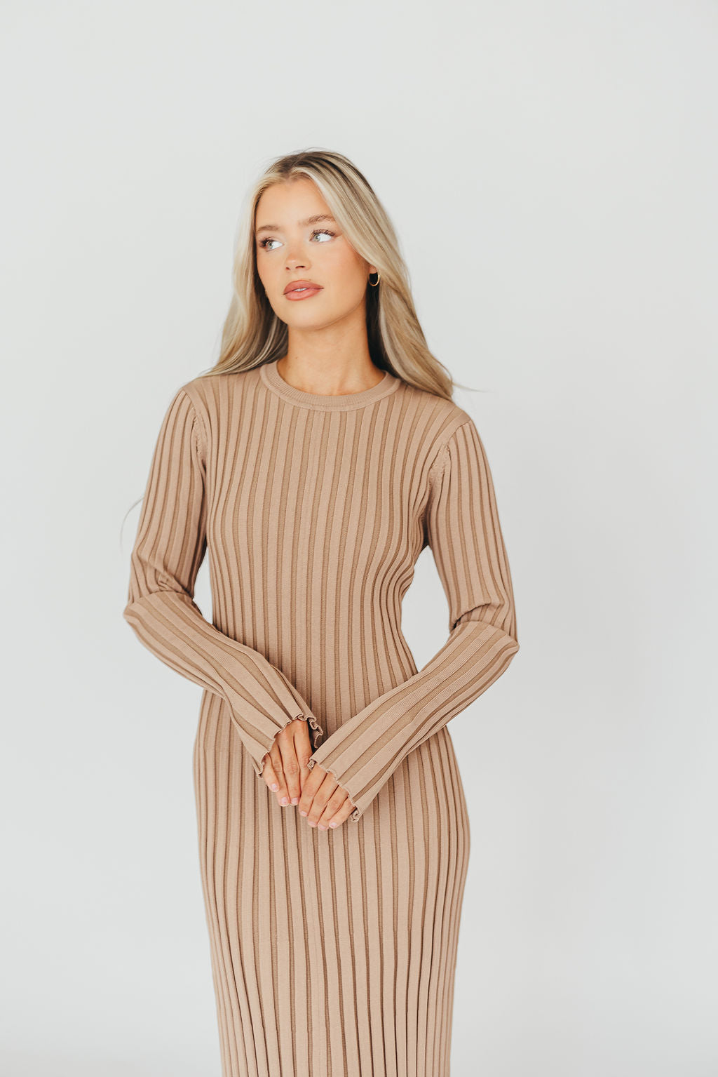 Colette Premium Long Sleeved Ribbed Knit Maxi Dress in Dark Natural - Bump Friendly Maternity Dress for Pregnancy, Nursing & Postpartum | Elegant & Comfortable for Work, Date Night & Special Occasions