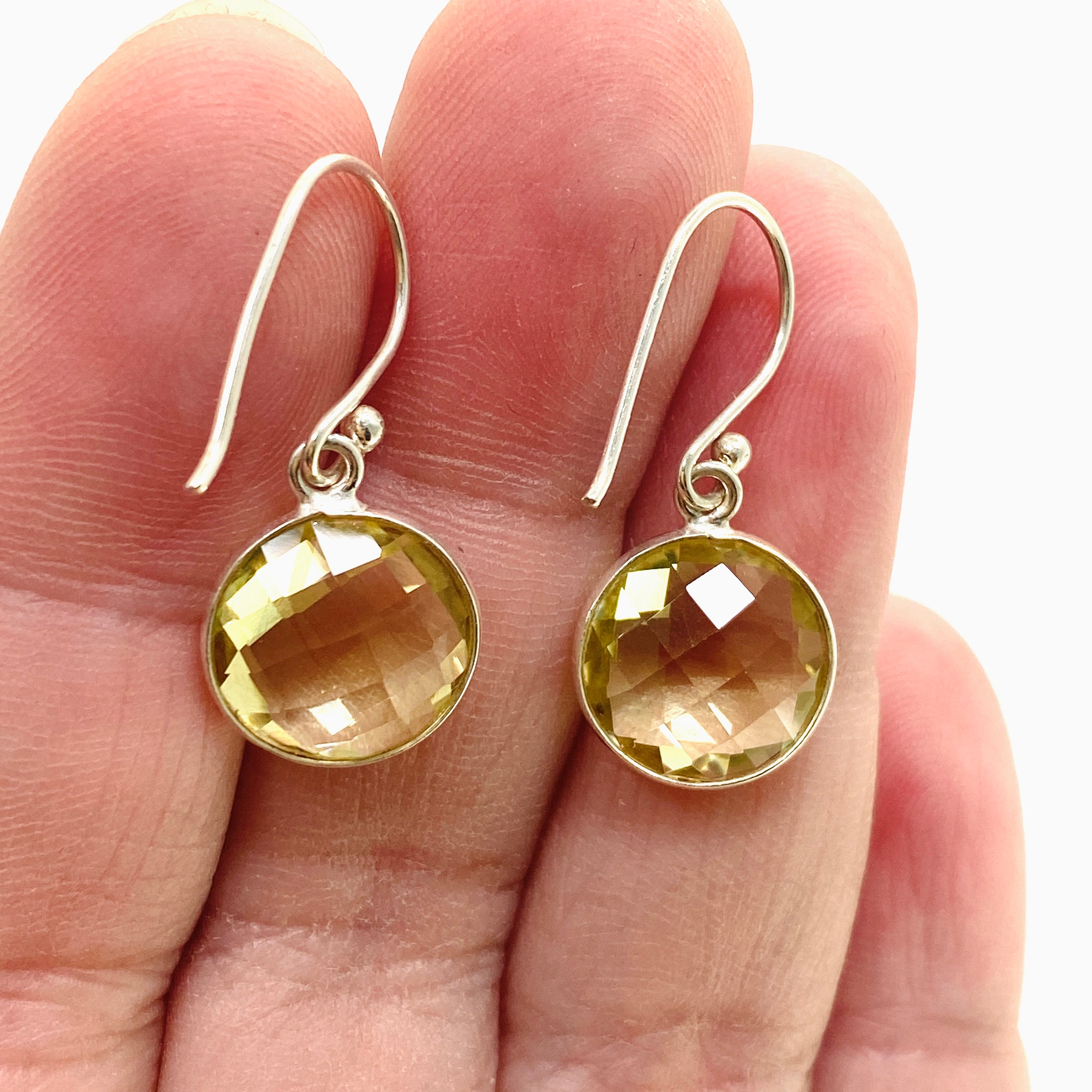 Lemon Quartz Round Checkerboard Faceted Stud Earrings for Women - Elegant Dangle Jewelry for Party, Wedding & Everyday Wear (PEGJ335)