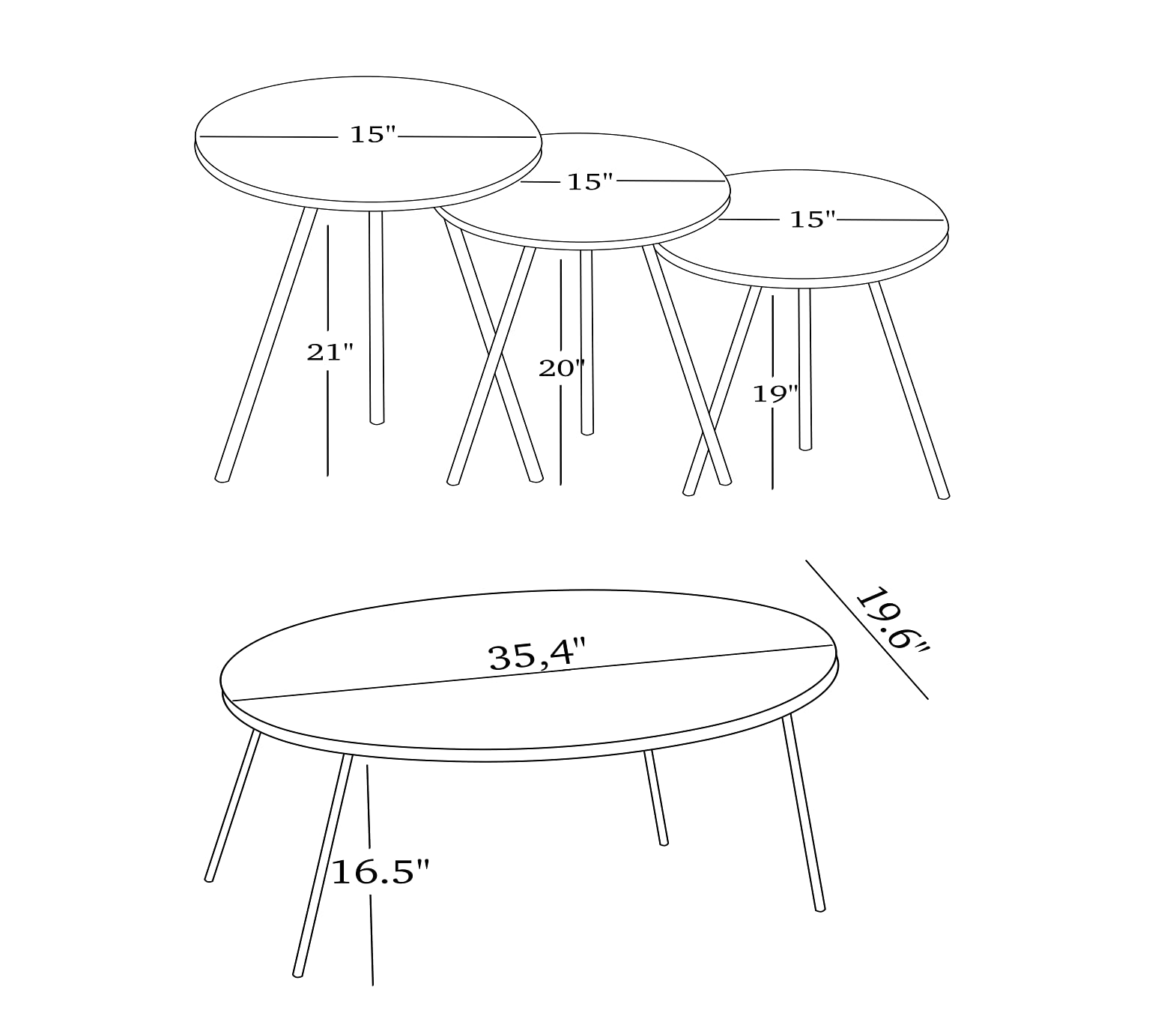 4 Piece Living Room Table Set - 1 Coffee Table & 3 Nesting Tables, No-Tools Assembly, Black Marble/Gray Finish, Ellipse Coffee Table with Round Side Tables - Perfect for Small Spaces, Apartment Decor & Modern Home Furniture