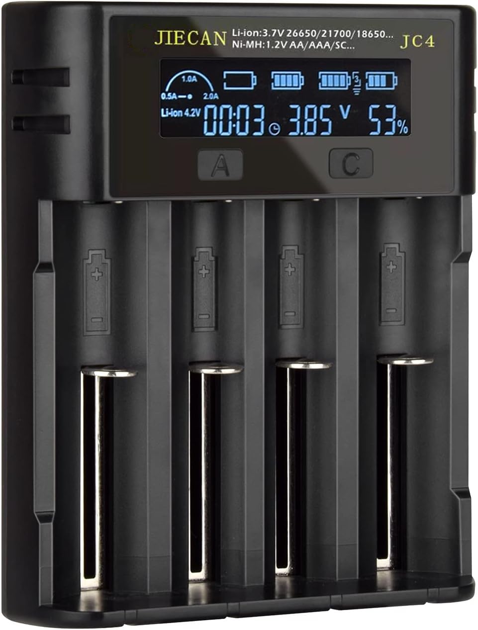 JIECAN 4 Bay AA AAA Battery Charger - Universal LCD Smart Fast Charger for Ni-MH Ni-CD Rechargeable Batteries | USB High-Speed Charging with Independent Slots | Perfect for Home, Office & Travel Use