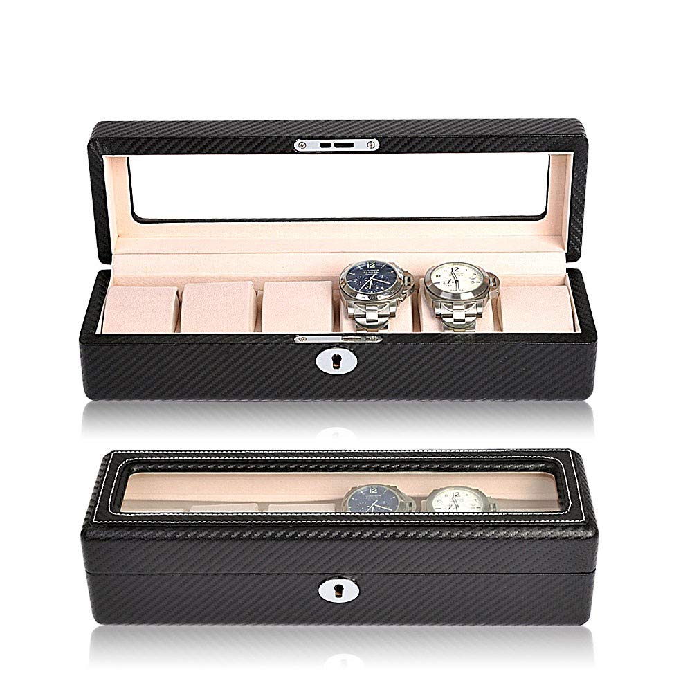 Luxury 6/12 Grid Leather & Carbon Fiber Watch Box with Window - Jewelry Storage Organizer for Rings, Bracelets & Watches - Perfect for Display & Travel (Color: 6W-KC)