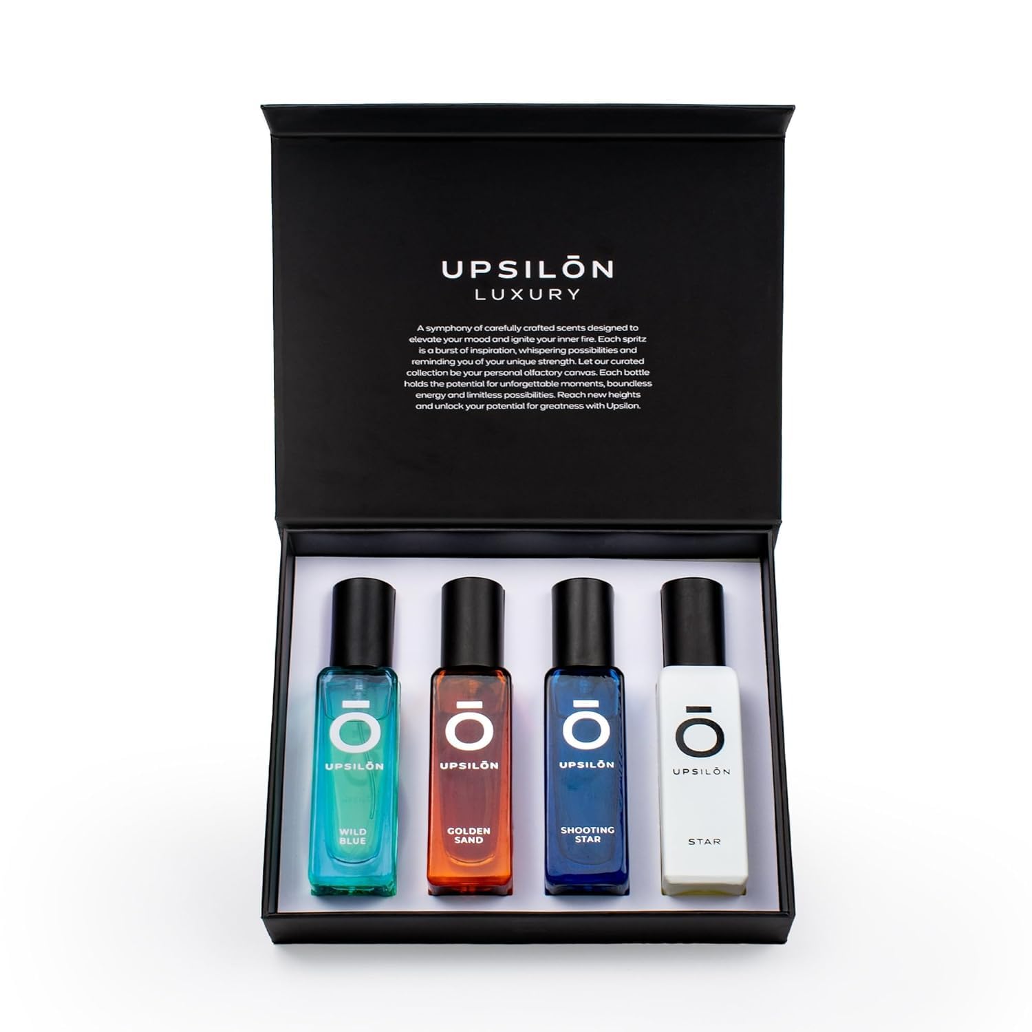 UPS.ILON Luxury Men's Perfume Gift Set - 4 x 20ml EDP Fragrances (Shooting Star, Wild Blue, Golden Sand, Star) | Long Lasting Cologne for Men | Perfect for Date Night, Office & Special Occasions