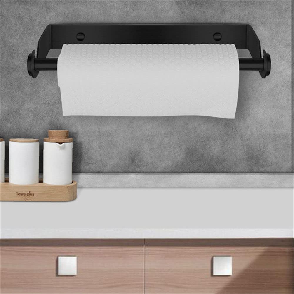 Stainless Steel Paper Towel Holder - Wall Mounted No Punch Towel Rack for Bathroom & Kitchen - Black Roll Paper Stand for Wipes & Napkins - Perfect for Home, Office & RV Use