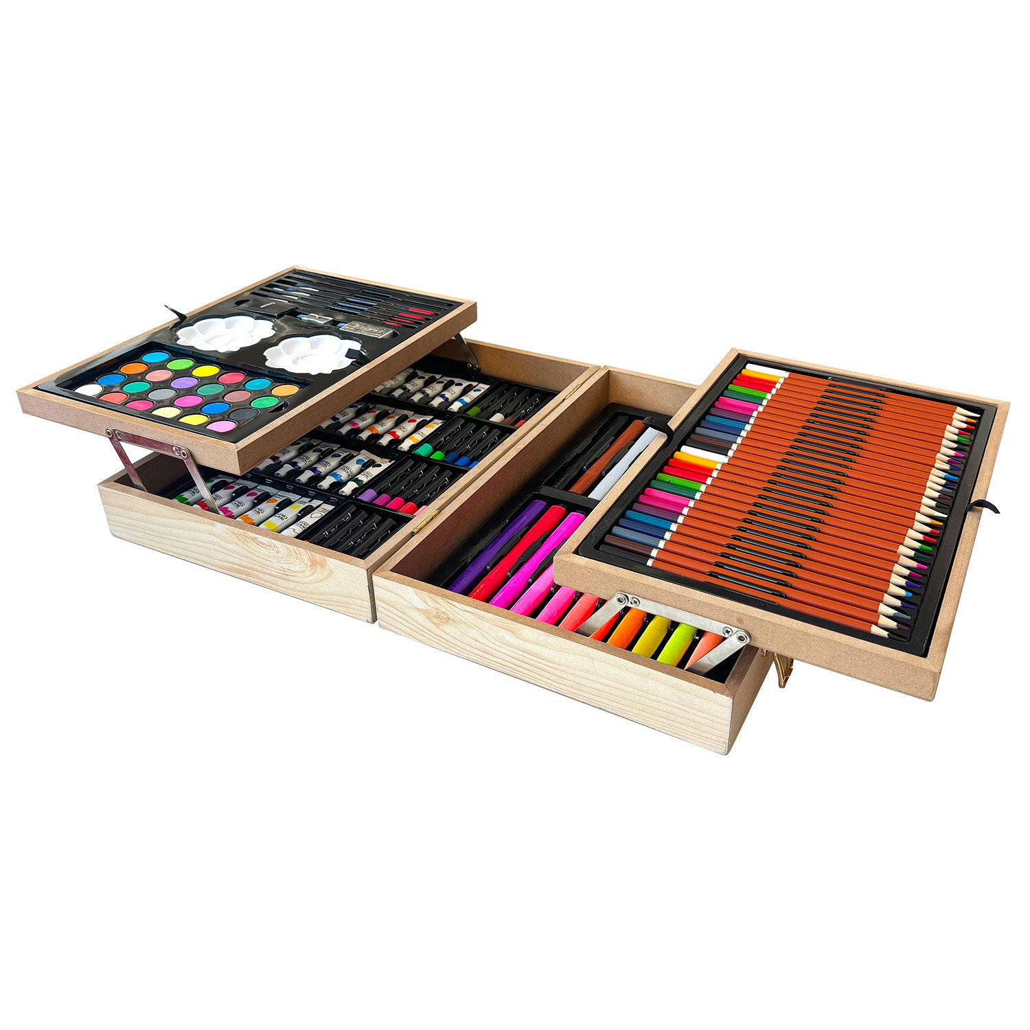 135-Piece Artist Wooden Case - Premium Wooden Art Supply Storage Box for Pencils, Brushes & Sketching Tools - Perfect for Artists, Students & Crafters