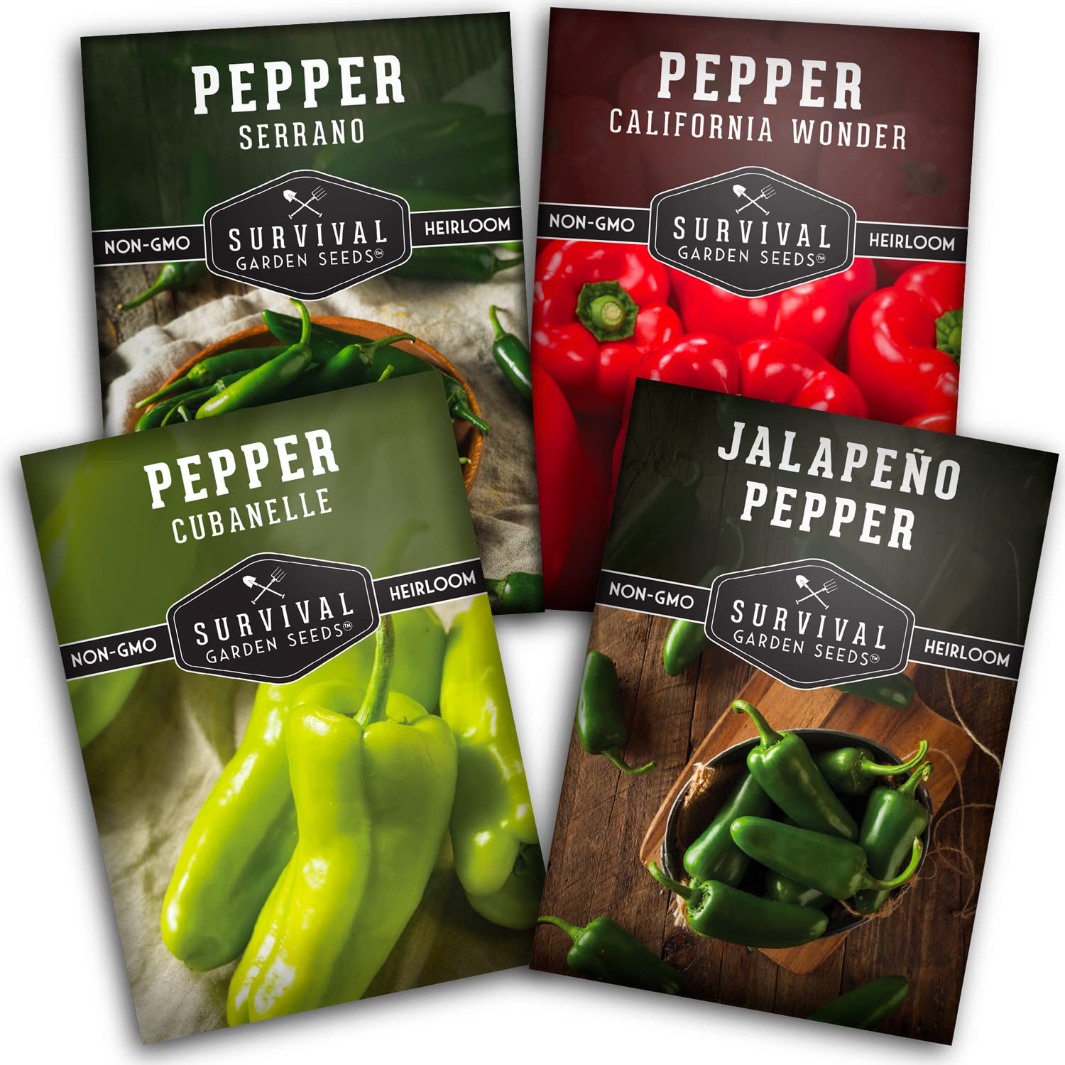 Survival Garden Seeds 4 Pepper Collection - Jalapeño, Cubanelle, California Wonder & Serrano Non-GMO Heirloom Seeds for Planting | Sweet & Hot Pepper Varieties | Perfect for Home Gardens, Canning & Spicy Cooking