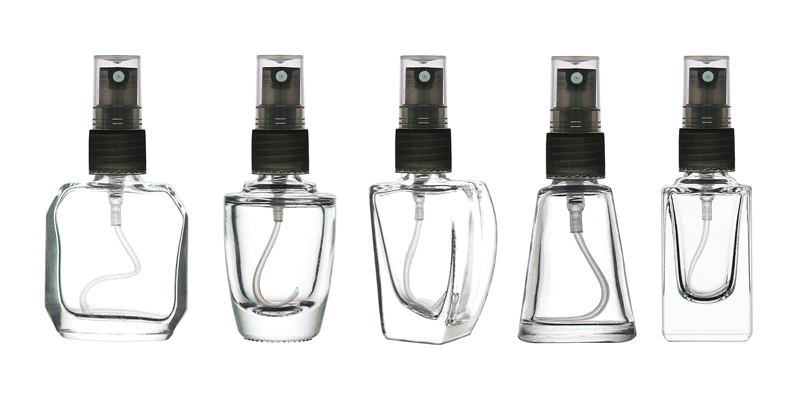 Refillable Glass Perfume Bottles with Black Spray Pump - 5pc Set for Essential Oils, Aromatic Water & Fragrance Blends | Assorted Shapes & Sizes | Perfect for DIY Perfume Making, Travel & Home Fragrance