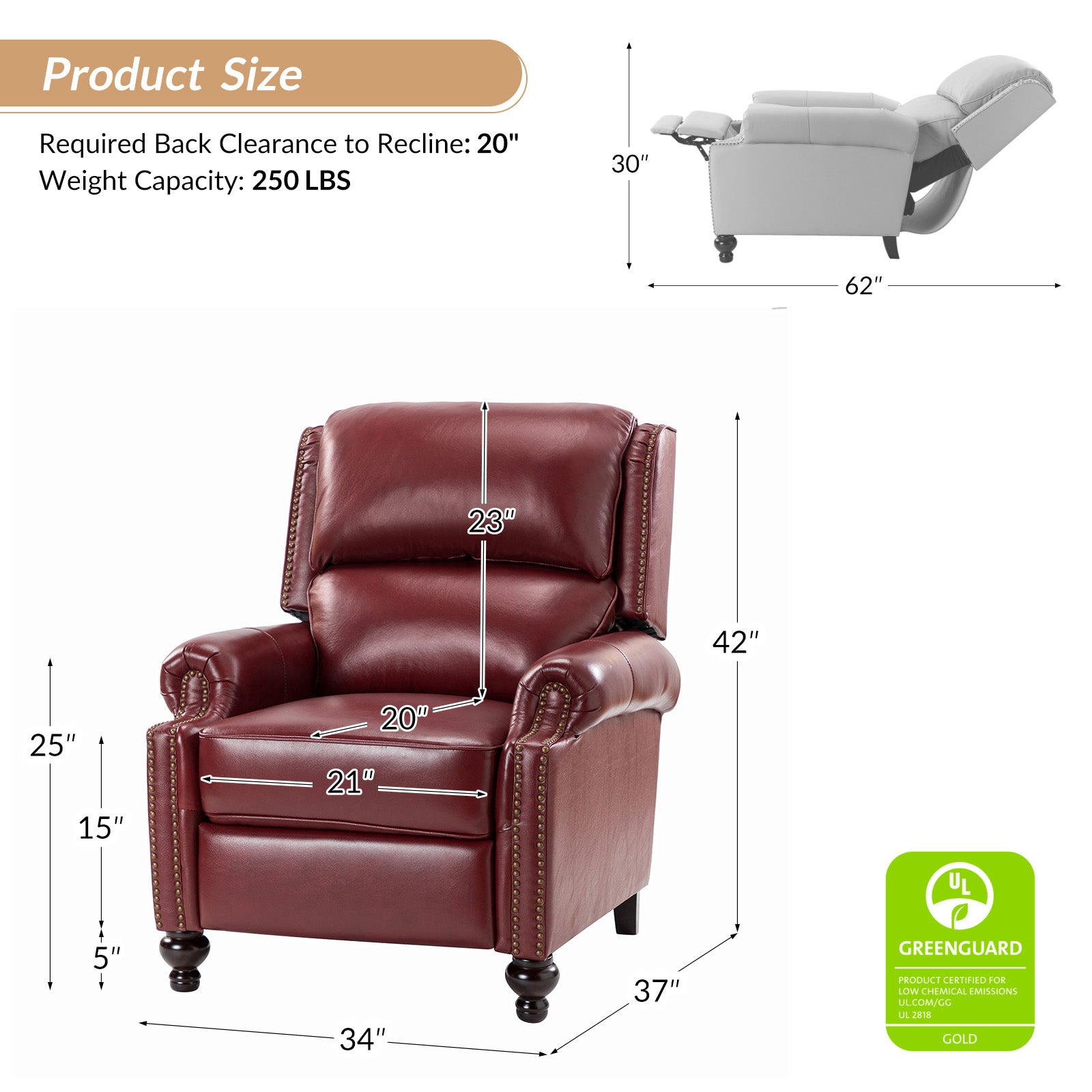 Mid Century Modern Genuine Leather Recliner Chair - Consuela Handcrafted Lounge Chair for Living Room, Office & Home Theater
