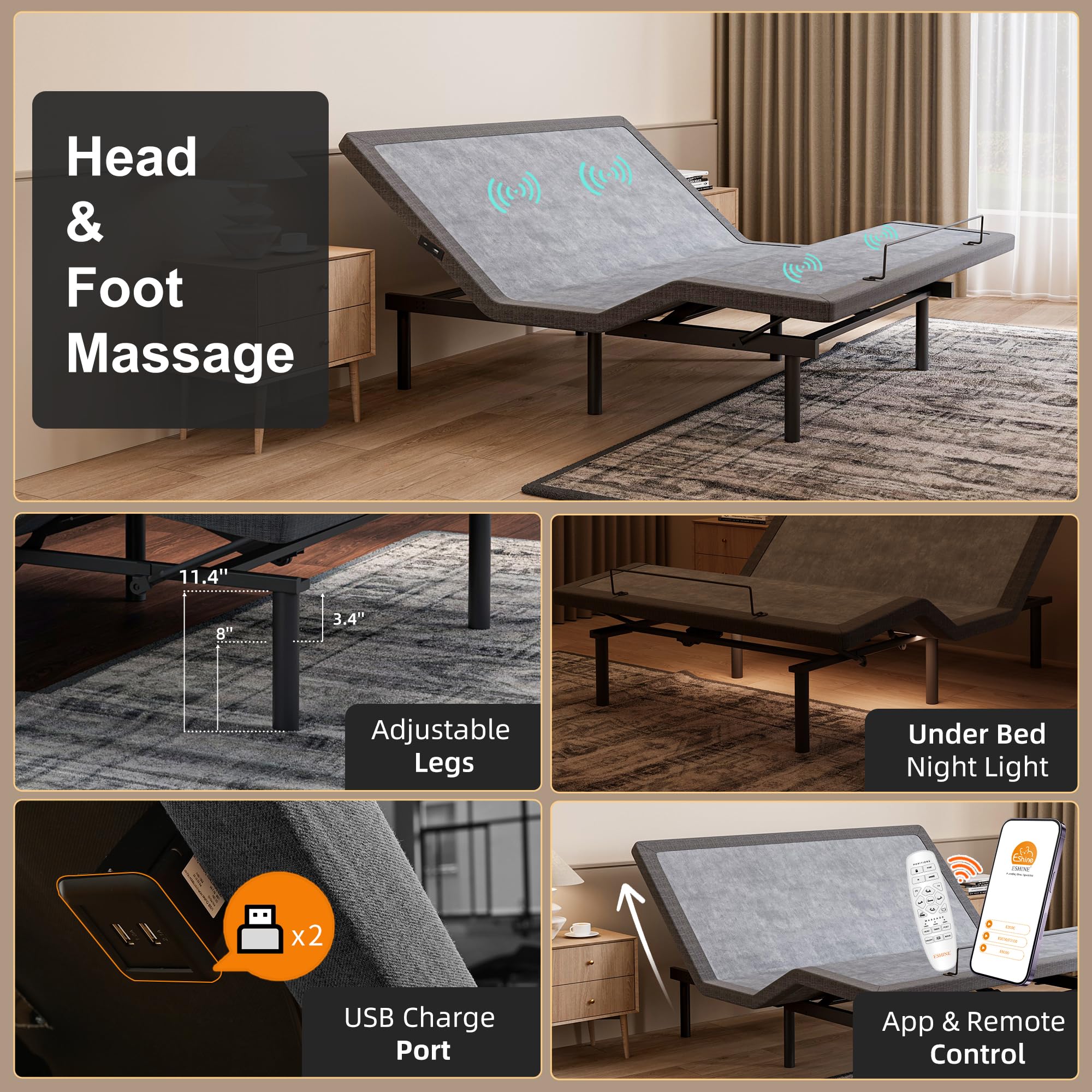 ESHINE Adjustable Bed Frame with 14