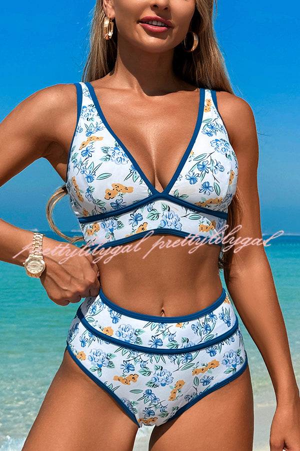 High Waist Solid Color Contrast Stretch Bikini Swimsuit - Sexy & Comfortable Swimwear for Beach, Pool & Summer Vacation