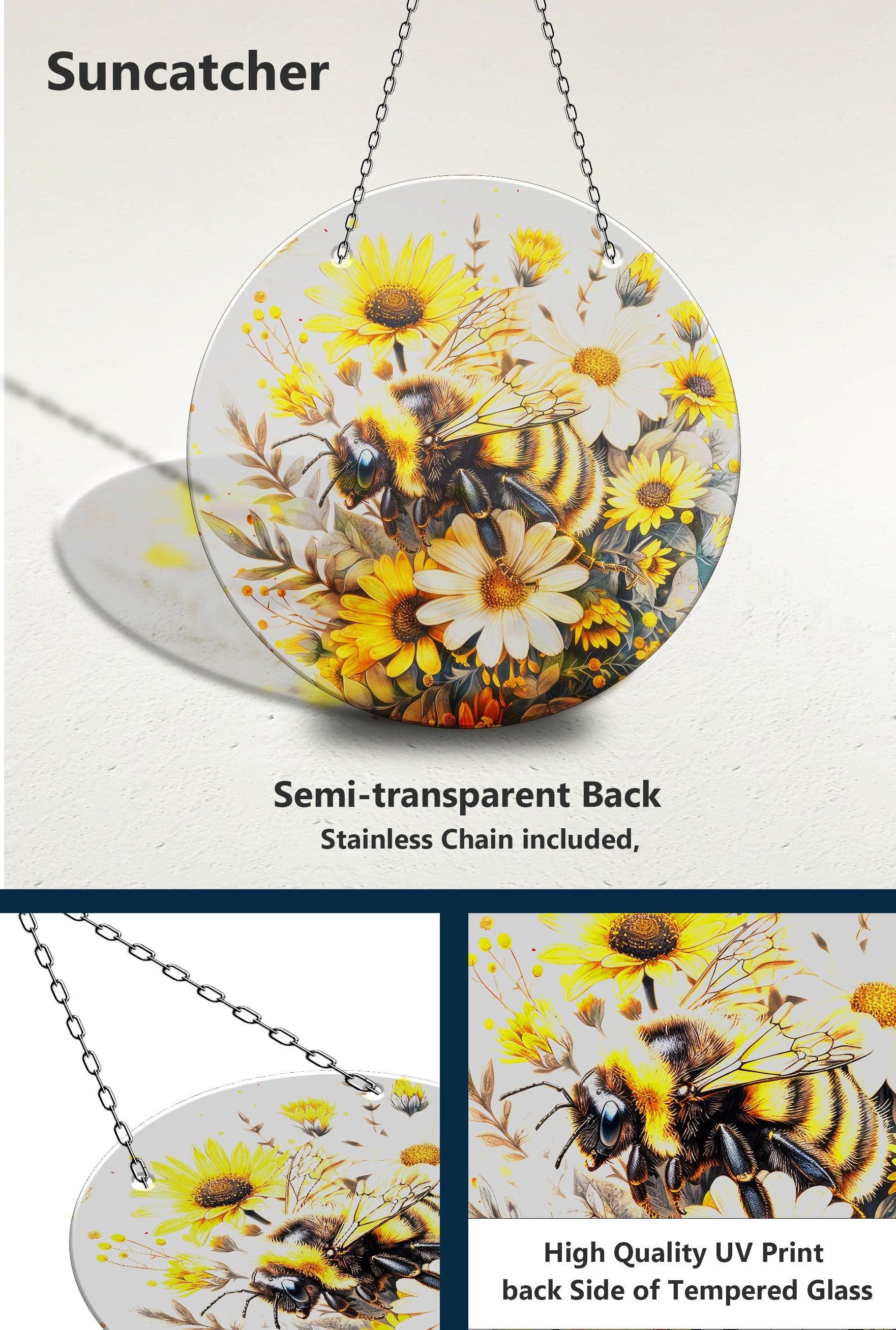 Bee & Daisies Stained Glass Suncatcher - Handmade Window Decor for Home, Office, Garden - Perfect for Gifts, Wedding Decorations & Boho Style Rooms