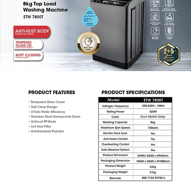 Europace ETW7800TGM 8Kg Top Load Washing Machine - Large Capacity Laundry Washer for Family, Energy Efficient with Multiple Wash Programs - Perfect for Homes, Apartments & Laundromats