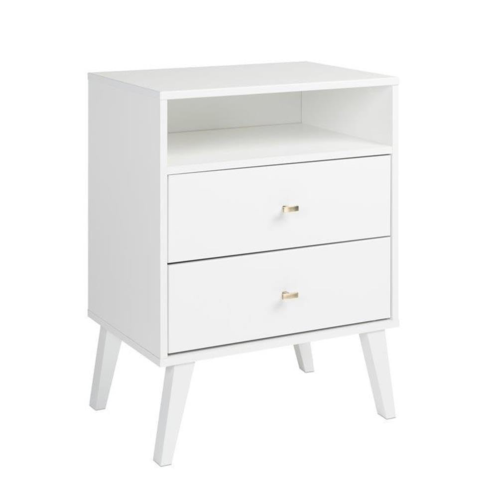 Mid Century Modern Nightstand Set of 2 - White 2-Drawer Tall Bedside Table for Bedroom, Living Room & Guest Room - Home Square Furniture