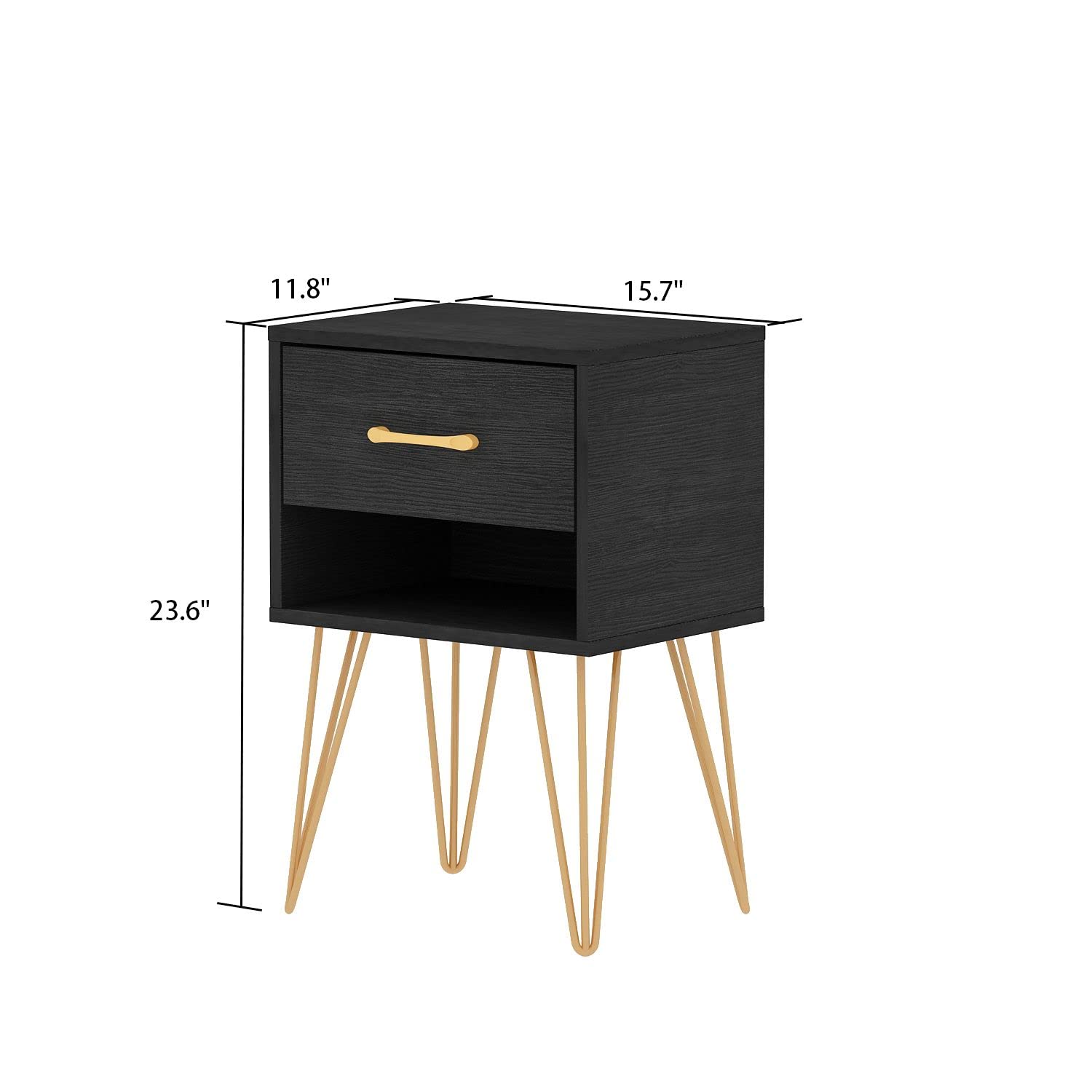 FAMAPY Industrial Nightstand Set of 2 - Modern Bedside Tables with Drawer & Shelf, Black Finish & Gold Metal Legs (15.7”W x 11.8”D x 23.6”H) - Perfect for Bedroom, Living Room, or Office Side Tables