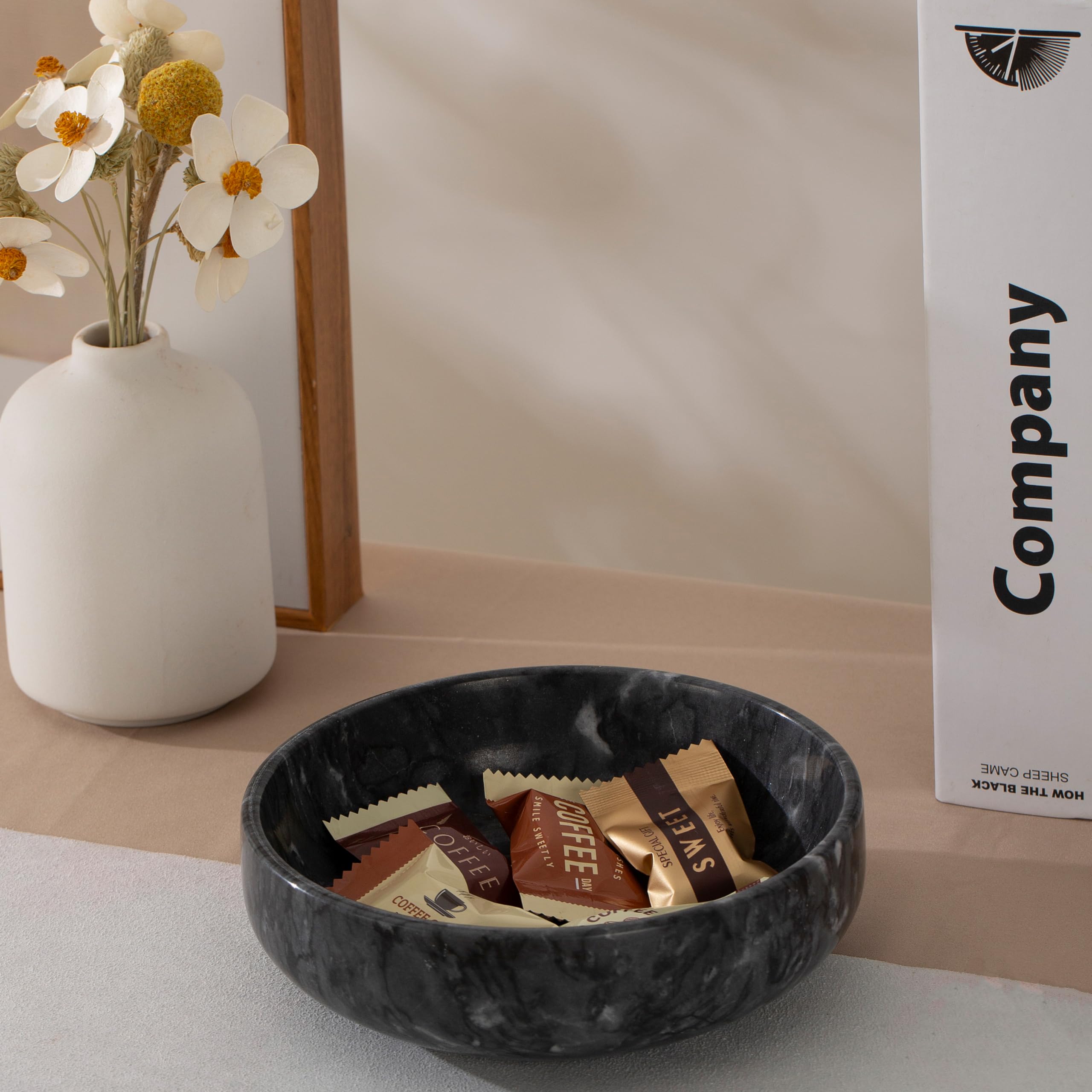 Elegant White & Grey Marble Candy Dish - 5.9 Inch Candy Bowl for Office Desk, Hard Candy Dispenser, Nut Bowl & Home Decor - Perfect for Entryway Tables, Living Rooms & Office Spaces