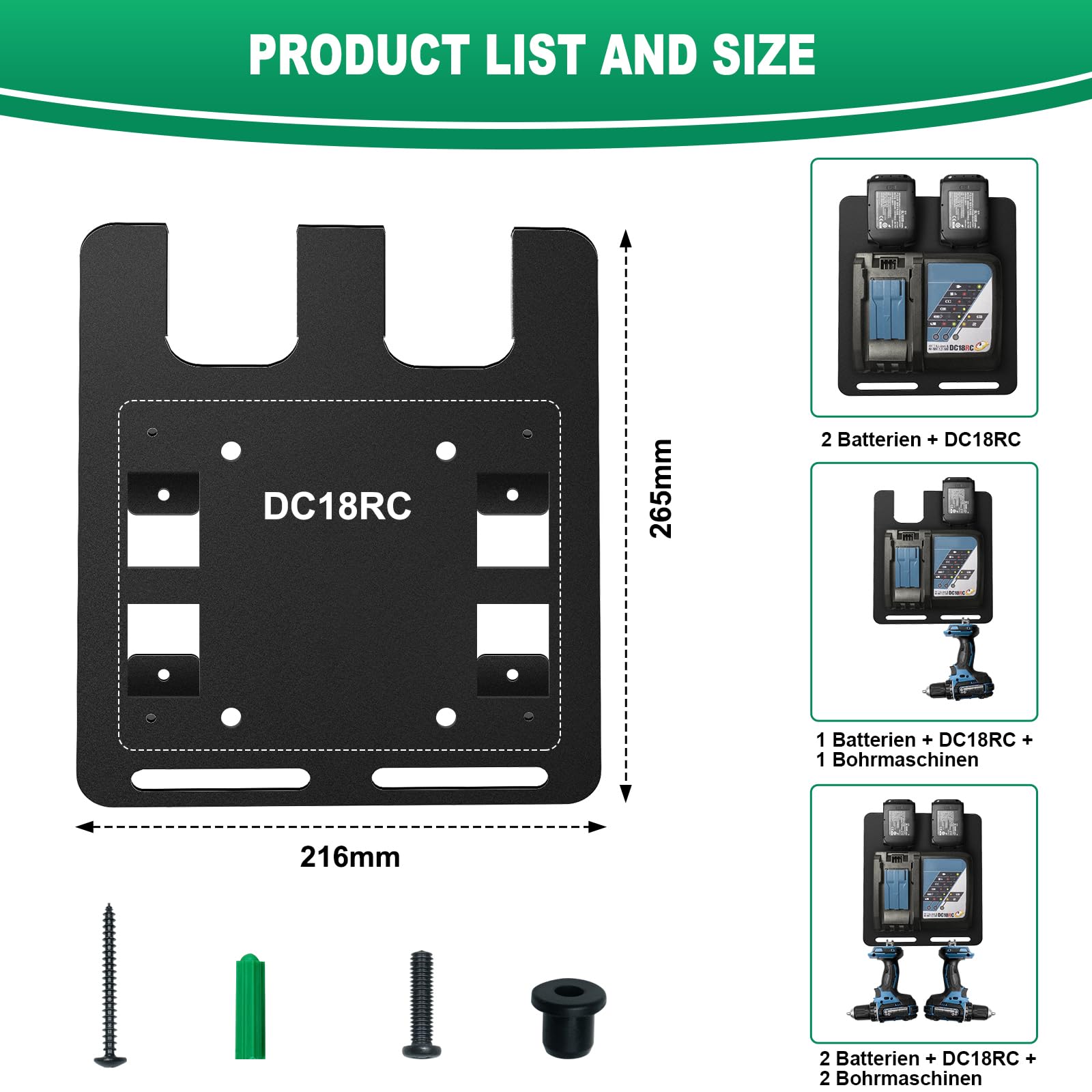 Wall Mount for Makita Batteries & Chargers - Heavy Duty Holder for Makita DC18RC Charger & 18V/14.4V Batteries - Secure 2-Battery Organizer with Charging Station - Perfect for Workshop, Garage & DIY Power Tool Storage