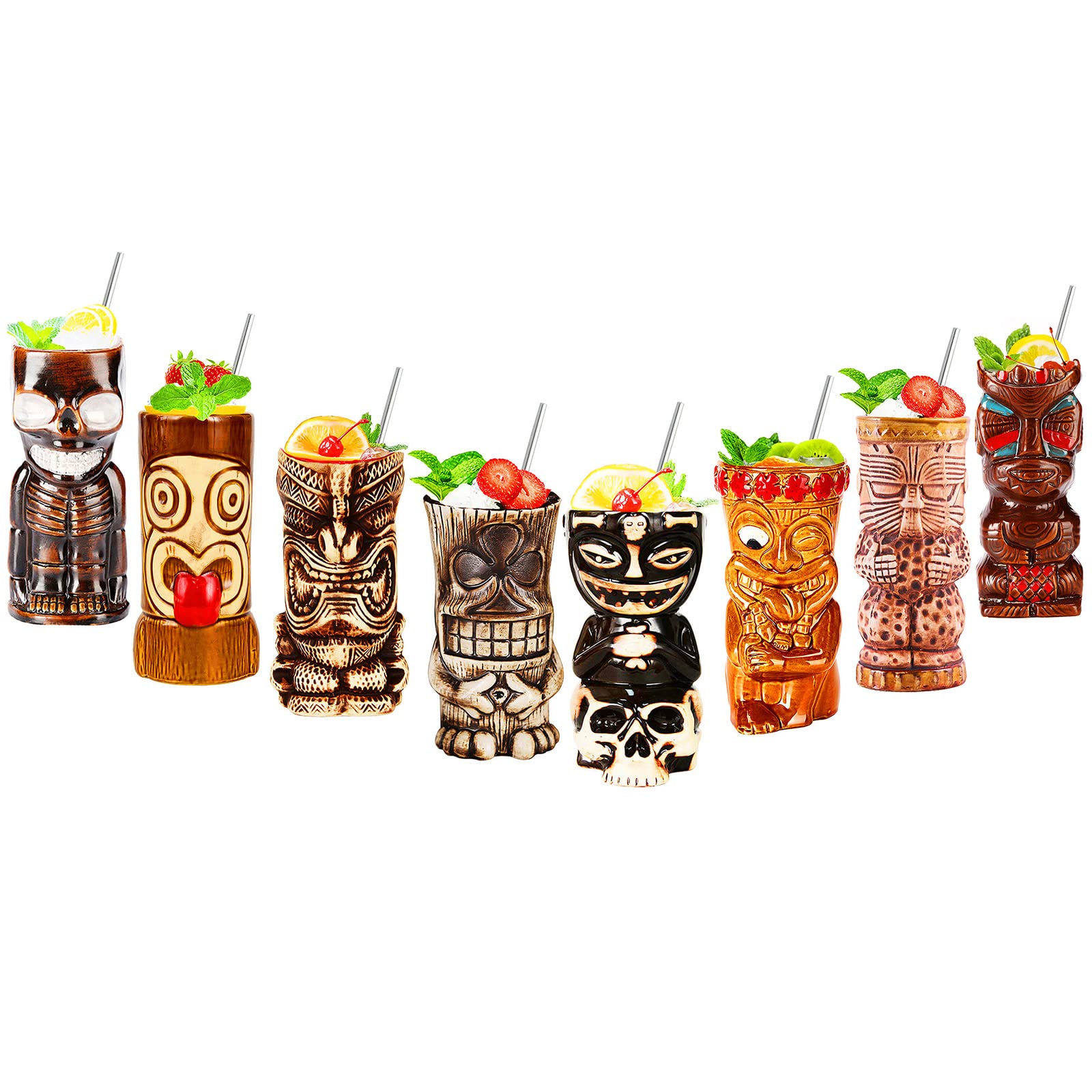 Premium 8-Piece Tiki Bar Glasses Set - Exotic Cocktail Mugs for Tropical Drinks, Hawaiian Themed Party Cups - Perfect for Luau Parties, Beach Bars & Summer Entertaining