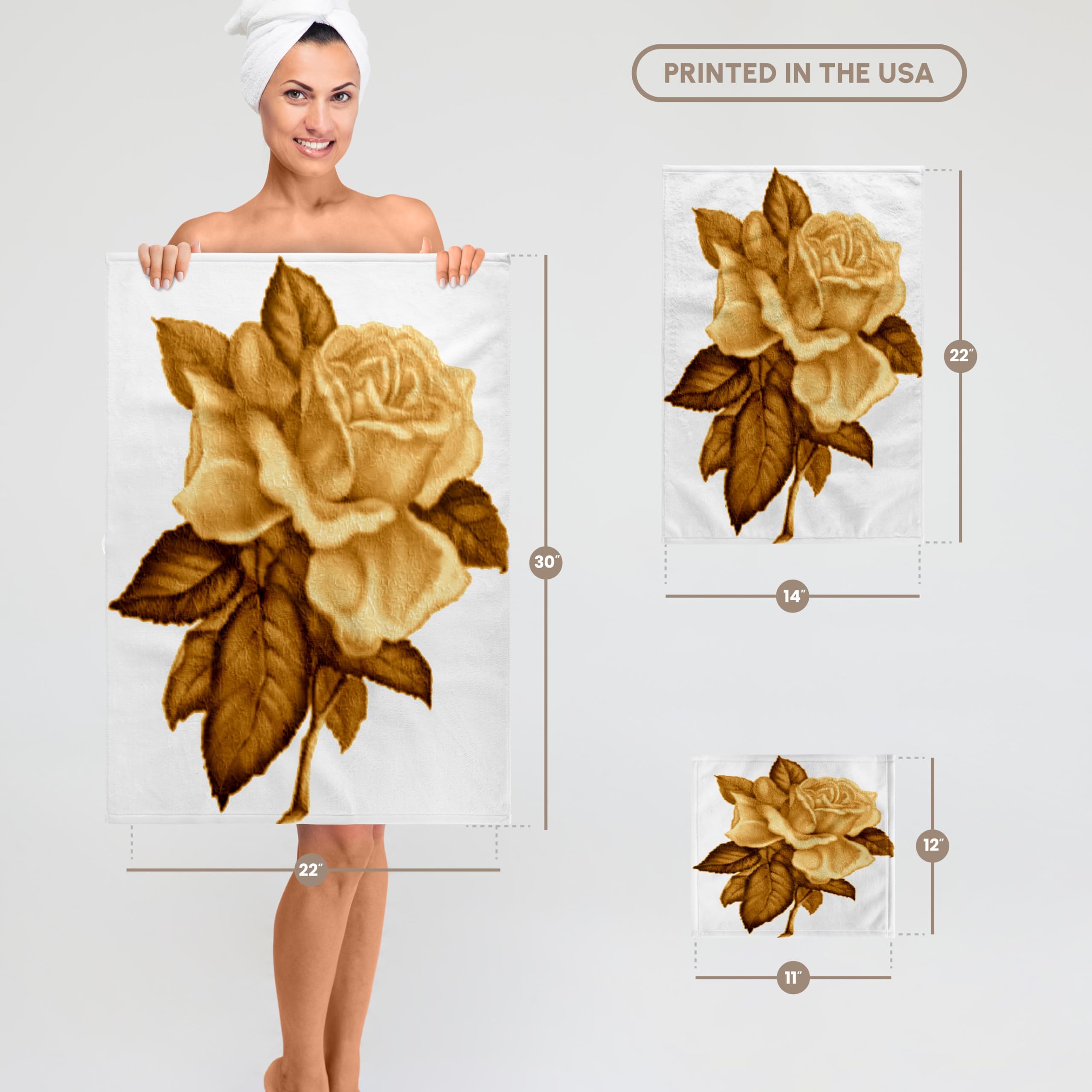 3D Rose Gold Tone Bath Towel Set - 15x22 Inches Soft White Luxury Towels for Spa, Bathroom & Beach - Ultra Absorbent & Quick Dry