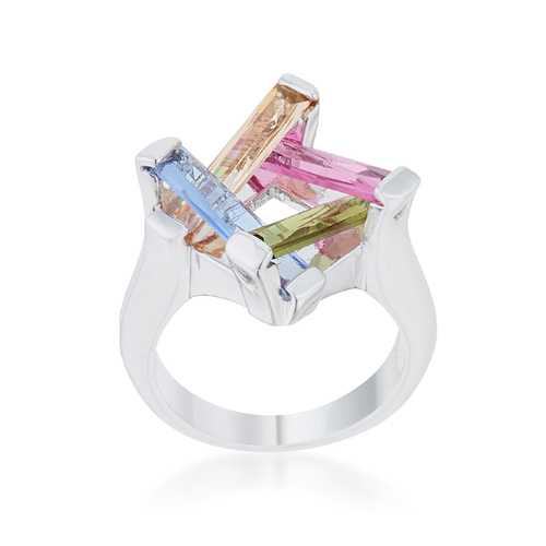 10ct Multicolor CZ Rhodium Cocktail Ring for Women - Elegant Myra Statement Ring for Parties, Weddings & Special Occasions