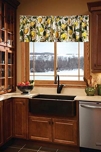 Lemon Kitchen Valance Curtain - White and Yellow Classic Window Treatment for Kitchen Decor (42-43