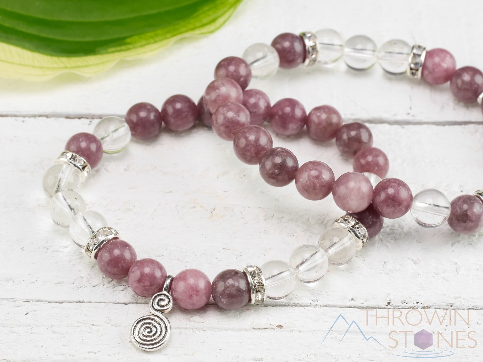 LEPIDOLITE & CLEAR QUARTZ Crystal Bracelet - Spiral Charm Round Beads Handmade Beaded Jewelry for Stress Relief & Positive Energy | Perfect for Meditation, Yoga & Spiritual Healing