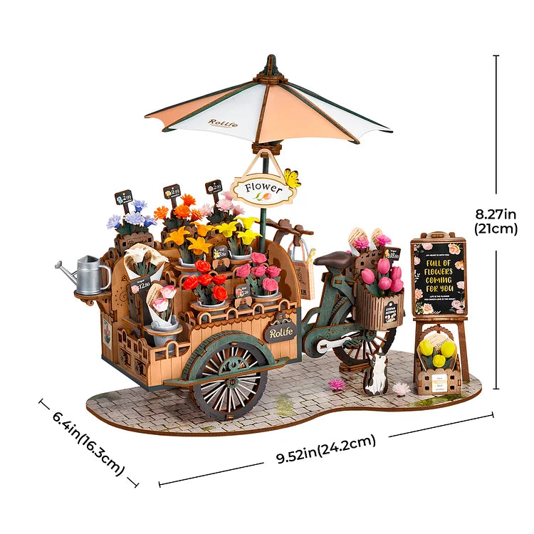 Rolife Blossom Cart 3D Wooden Puzzle Kit - DIY Flower Cart Model for Adults & Teens - Creative Home Decor & Gift Idea for Birthday, Christmas - Relaxing Craft Project for Stress Relief & Mindfulness