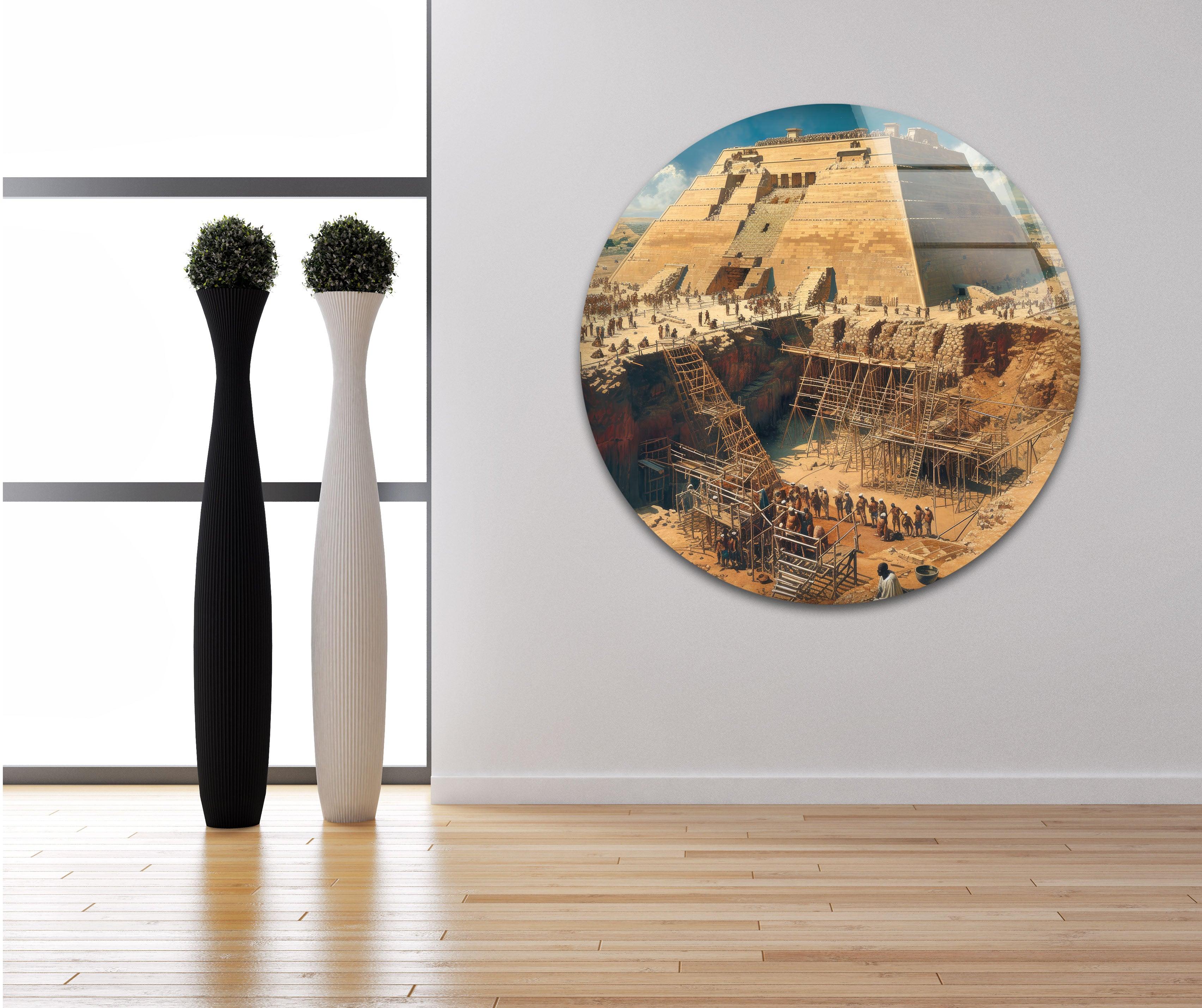 Ancient Pyramid Construction Glass Wall Art - Handmade Egyptian History Decor for Home & Office - Perfect for Living Room, Bedroom, or Office Wall Decor