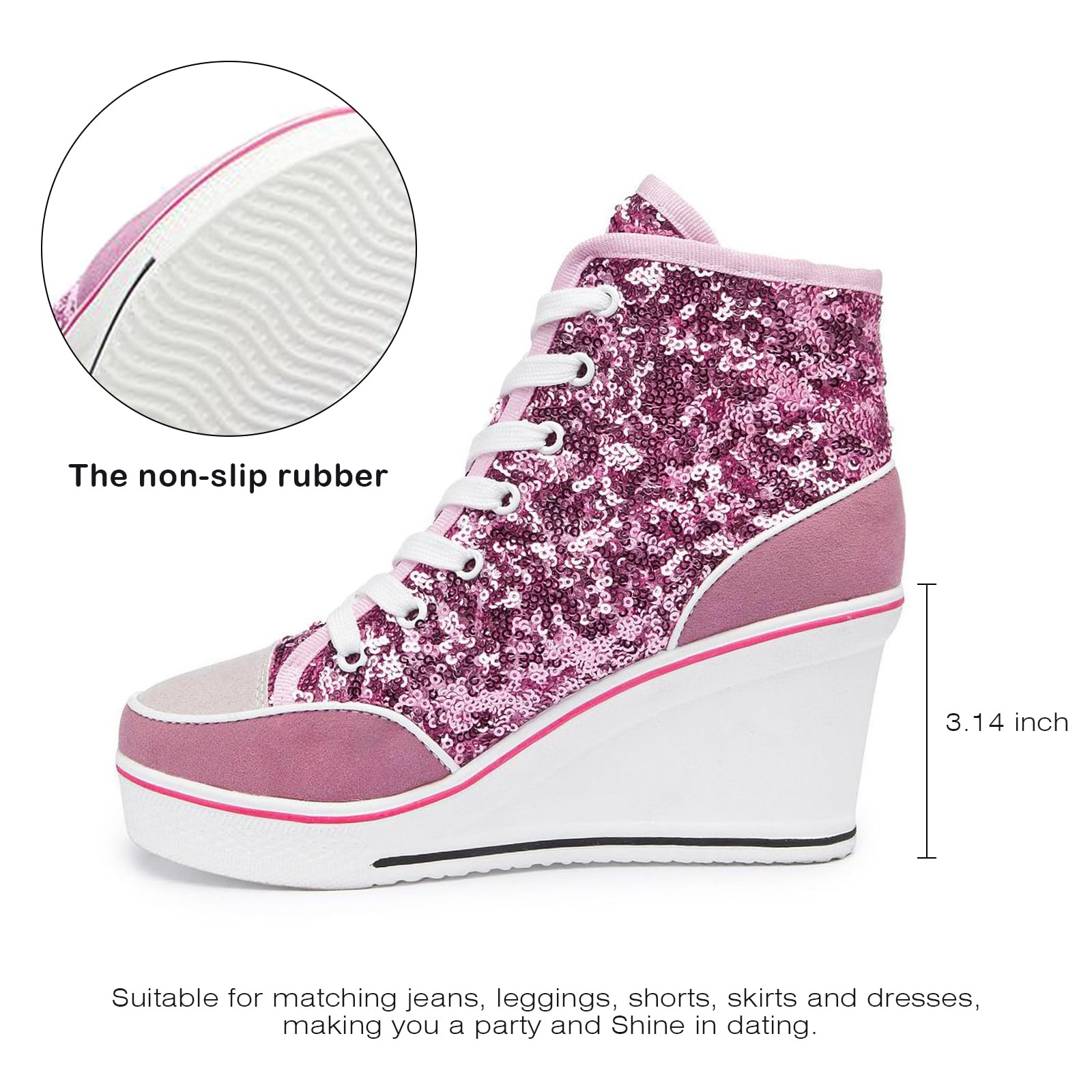 **Women's Glitter Sneakers - Sparkly Sequin High Top Lace Up Platform Wedge Shoes for Wedding, Party & Dressy Occasions**