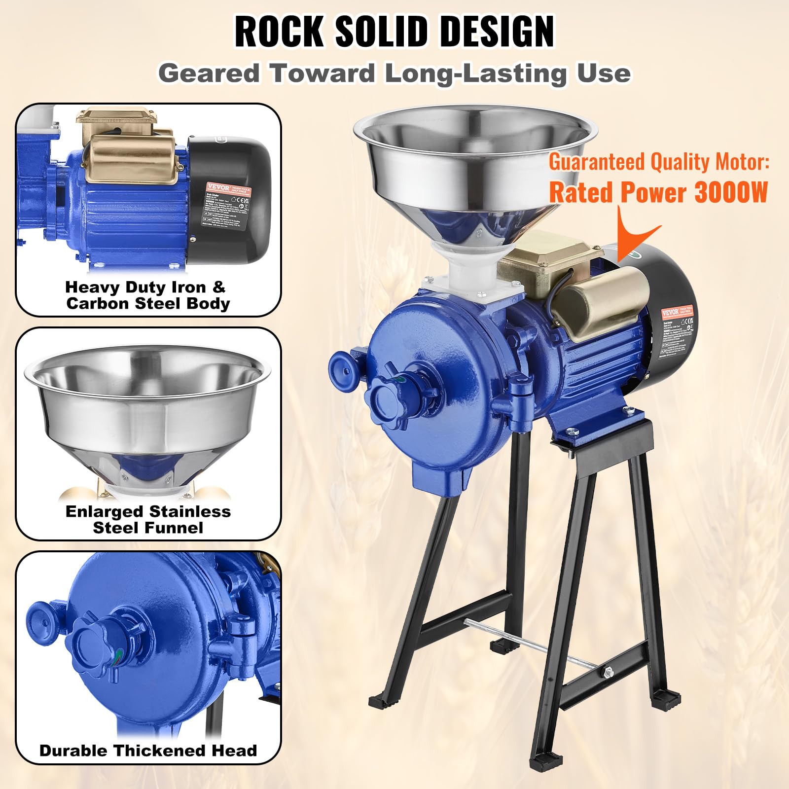 VEVOR 3000W Commercial Electric Grain Mill Grinder - Adjustable Corn Wheat Spice Grinder with Funnel for Flour, Cereal & Feed | Heavy Duty Powder Machine for Home, Bakery & Restaurant Use