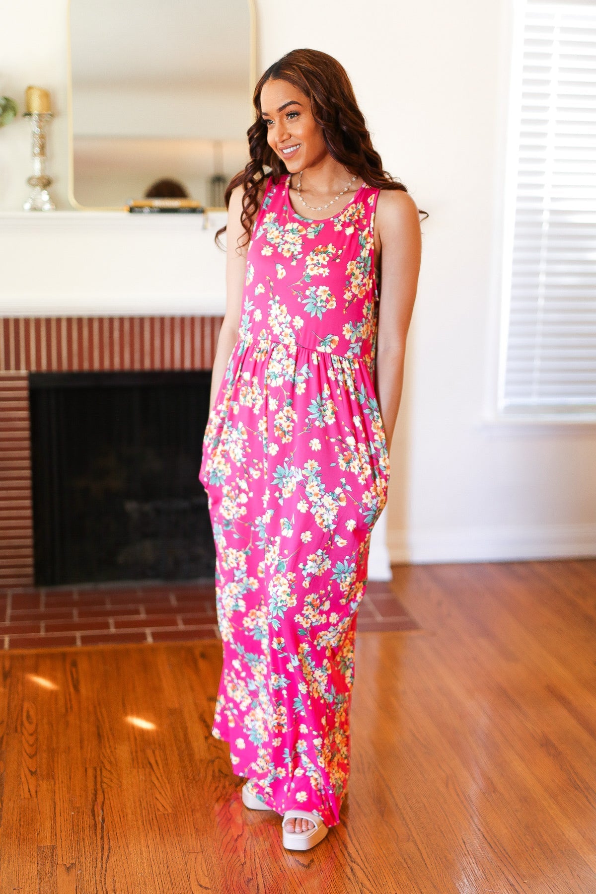 Elegant Pink Floral Print Fit and Flare Sleeveless Maxi Dress for Women | Summer Beach Wedding Party Dress | Perfect for Vacations, Date Nights & Special Occasions