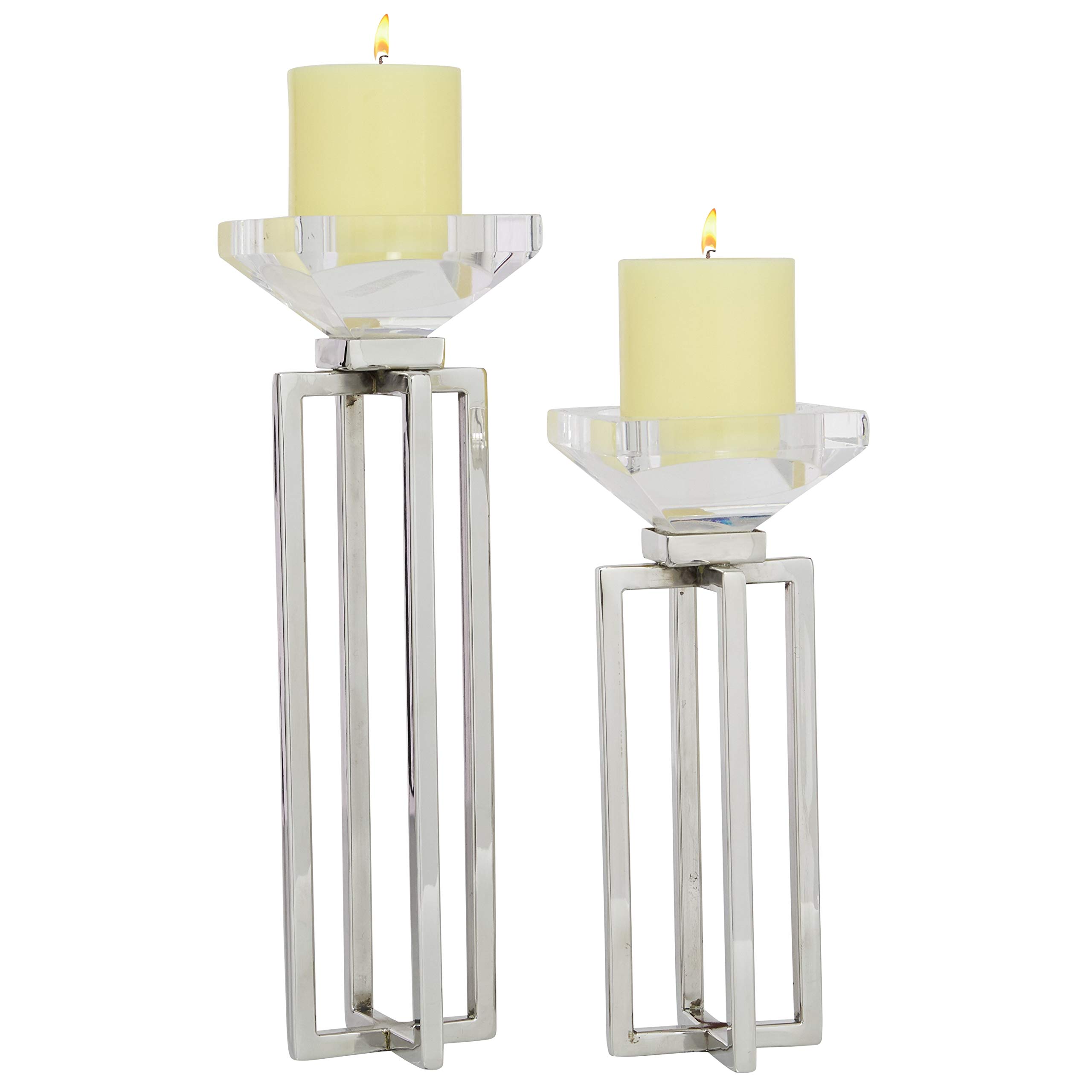 Modern Glass & Stainless Steel Candle Holders Set of 2 - Elegant Pillar Candle Stands for Home Decor, Wedding Centerpieces (4