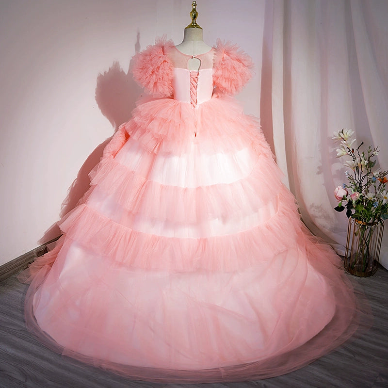 Pink Princess Round Floor Length Satin Flower Girl Dress for Weddings, Birthday Parties & Special Occasions