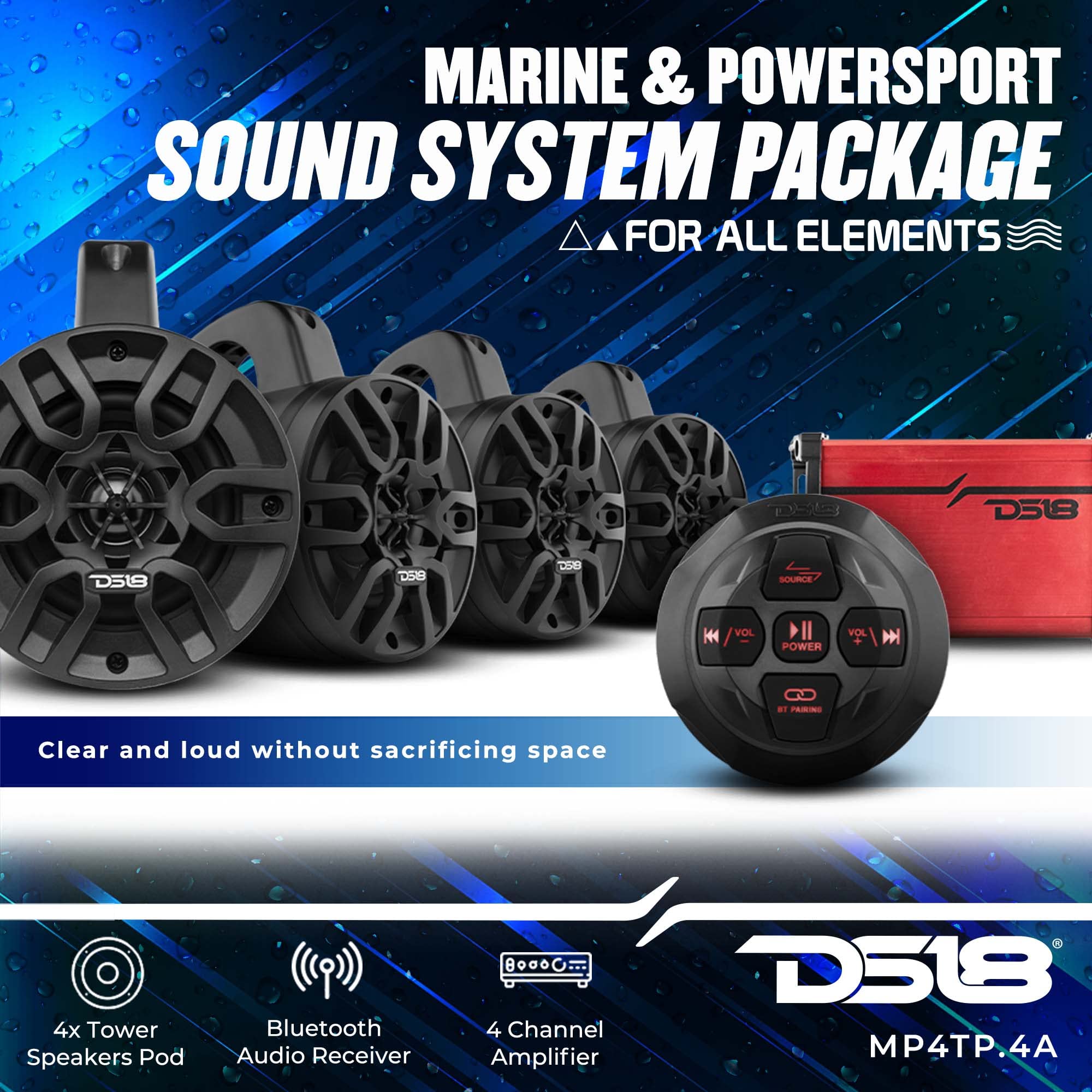 DS18 MP4TP.4A 4 Inch 600W Waterproof Bluetooth Marine Tower Speakers with Built-in Amplifier & Remote Control - Perfect for Boats, Yachts, and Outdoor Water Activities
