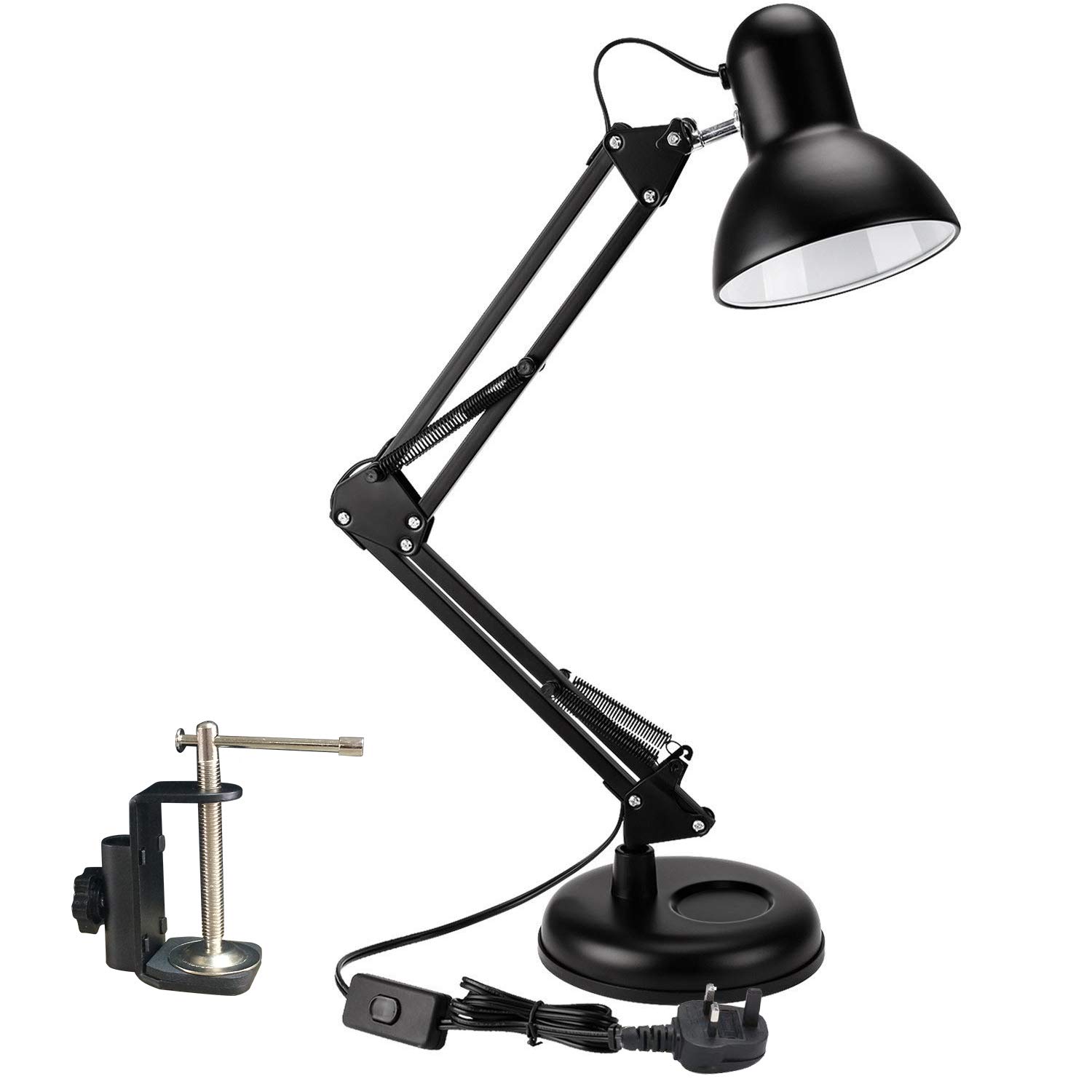 Powerking Swing Arm LED Desk Lamp - Adjustable Architect Task Light with Clamp, Classic Black Desk Lamp for Home, Dorm & Office (Bulb Not Included) | Perfect for Reading, Studying & Workspace Lighting
