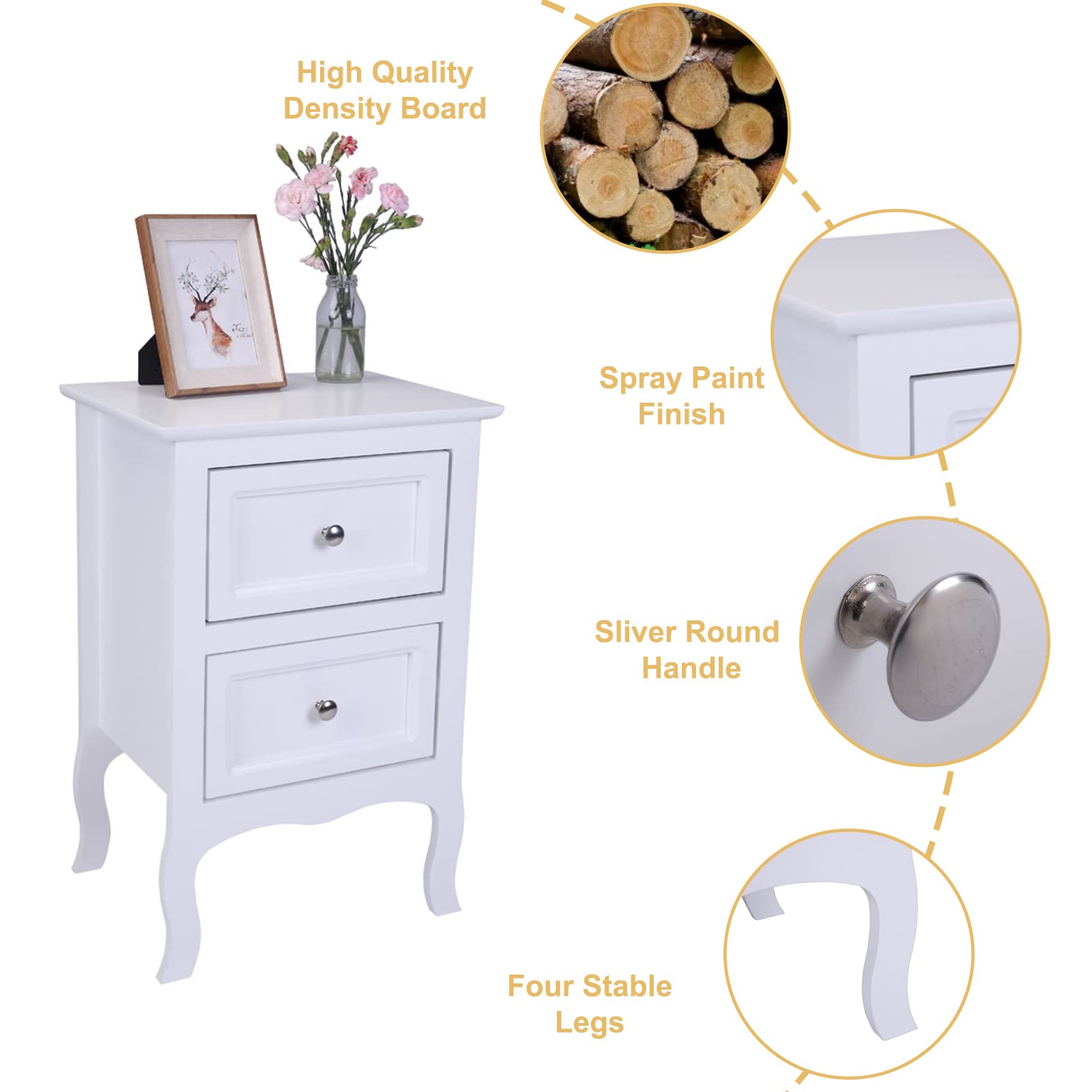 Mid Century Modern Nightstand with 2 Drawers & High Legs - Solid Wood Bedside Table for Bedroom, Living Room End Table, Office Side Table - White Home Furniture for Small Spaces & Apartment Decor