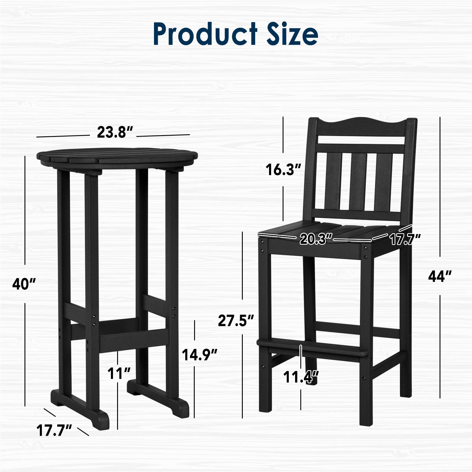 Premium HDPE Outdoor Bar Chairs and Table Set - 3-Piece Adirondack Style Balcony Furniture for Garden, Yard, Backyard - Weather-Resistant Patio Bar Stools Set for Outdoor Entertaining & Relaxation
