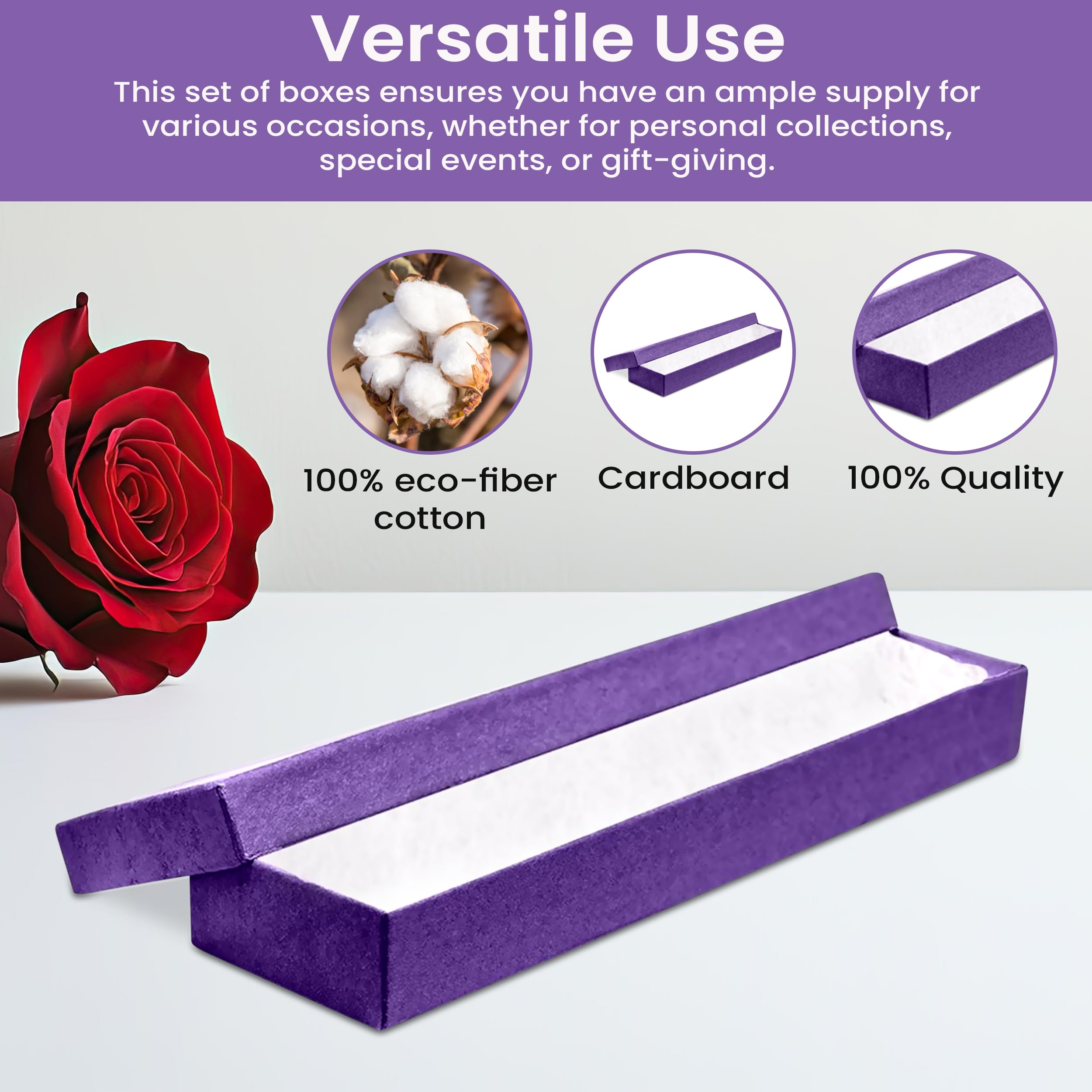 12 Pack Purple Jewelry Gift Boxes 8x2x0.87 Inch - Premium Cardboard Jewelry Storage Box with Cotton Filling & Lid - Made in USA - Perfect for Bracelets, Necklaces, Rings, Earrings - Great for Gift Wrapping, Wedding Favors, Jewelry Display & Retail Packaging