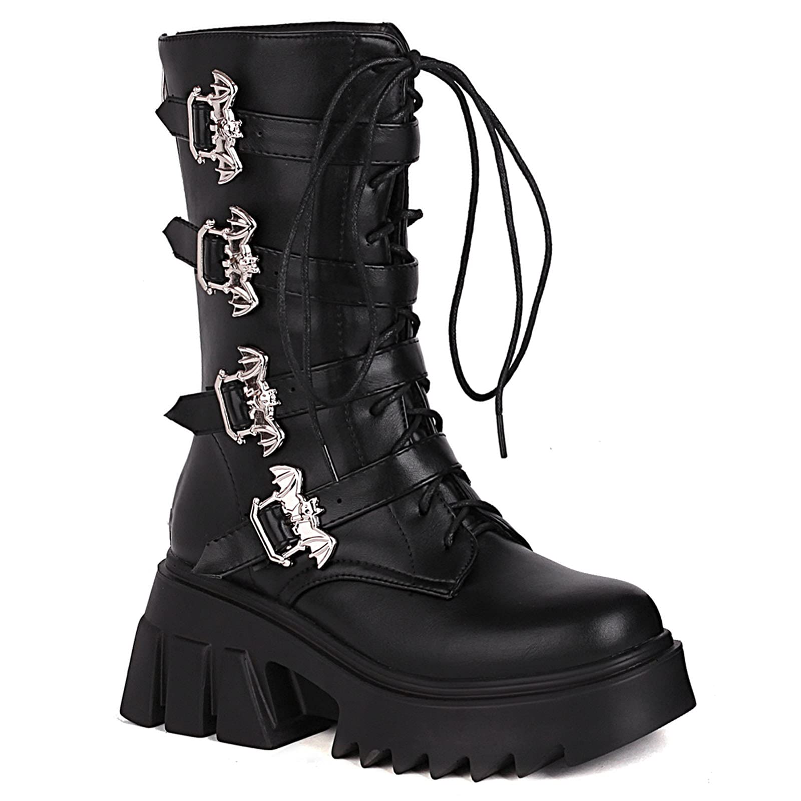 VOMIRA Women's Platform Mid Calf Boots - Chunky High Heel Motorcycle Boots with Buckles & Lace Up Design | Gothic Punk Style for Riding, Night Out & Fashion Streetwear (Black)