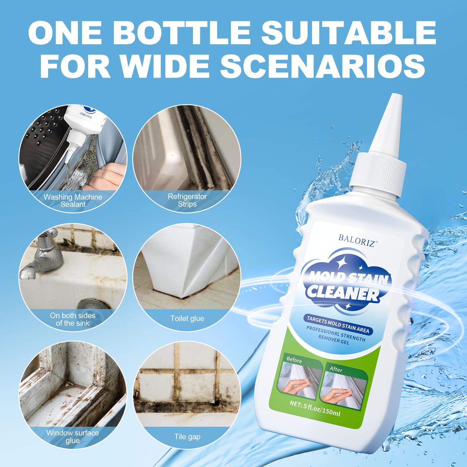 BALORIZ Mold Remover Gel - Powerful Stain Remover for Kitchen Sinks, Bathroom Tiles & Walls - Deep Cleaning Household Gel with Brush & Cleaning Cloth (5 fl.oz/150ml) - Perfect for Removing Tough Stains in Kitchens, Bathrooms & Household Surfaces