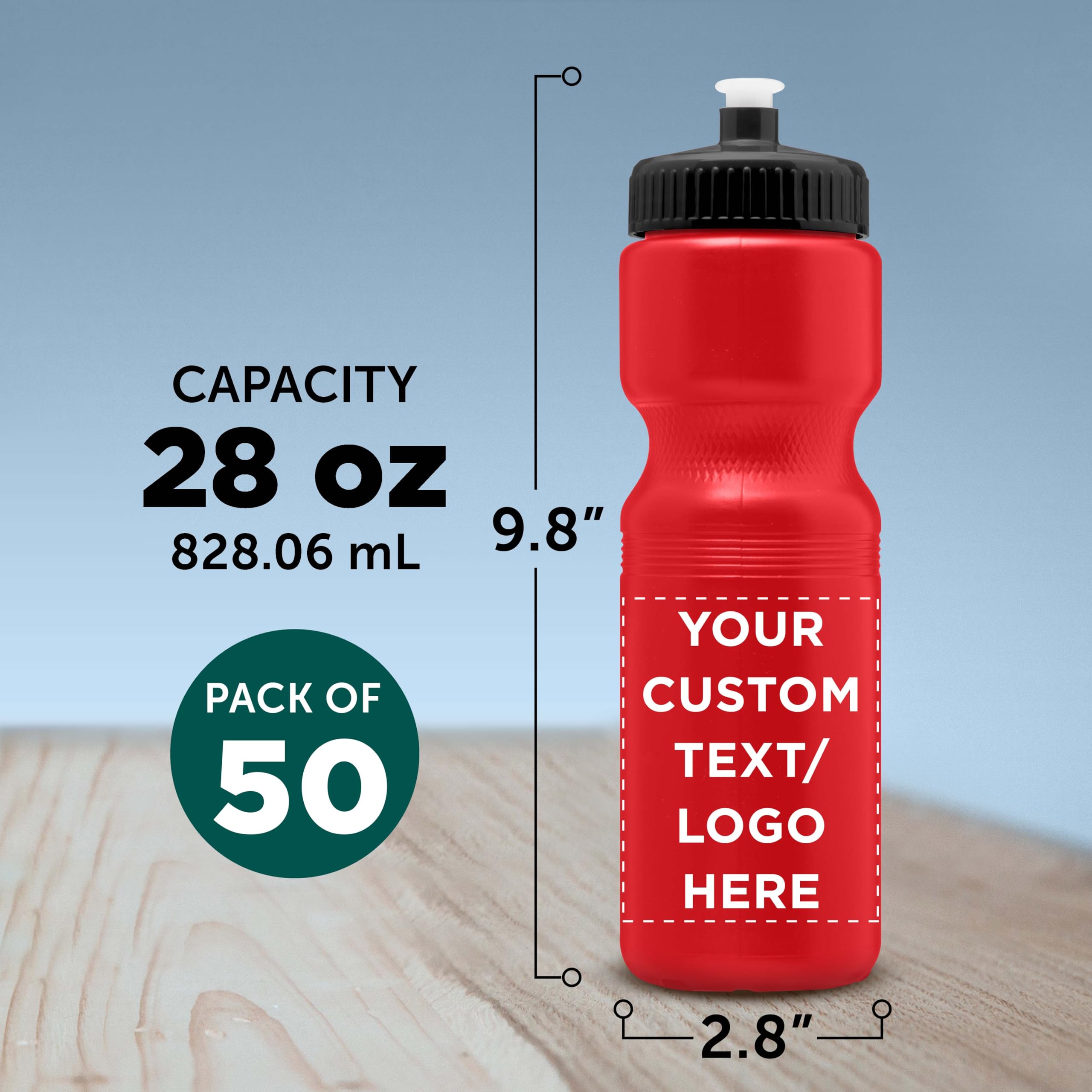 28 oz Custom Push Cap Plastic Water Bottles Bulk Pack of 50 - Personalized Reusable Water Bottles for Gym, Hiking, Camping & Outdoor Sports - Ideal for Team Events, Corporate Gifts & Promotional Giveaways - Red